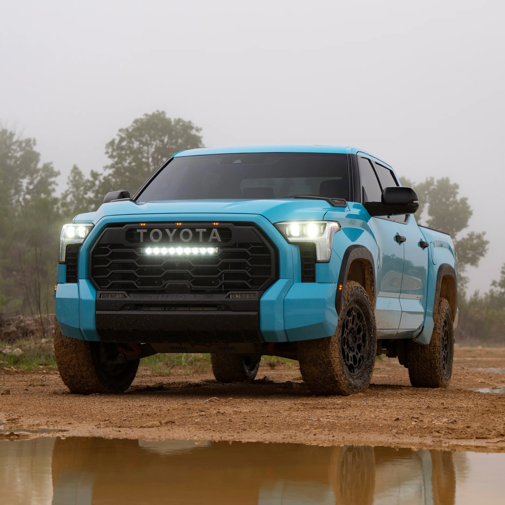 blue toyota pickup parked muddy puddle