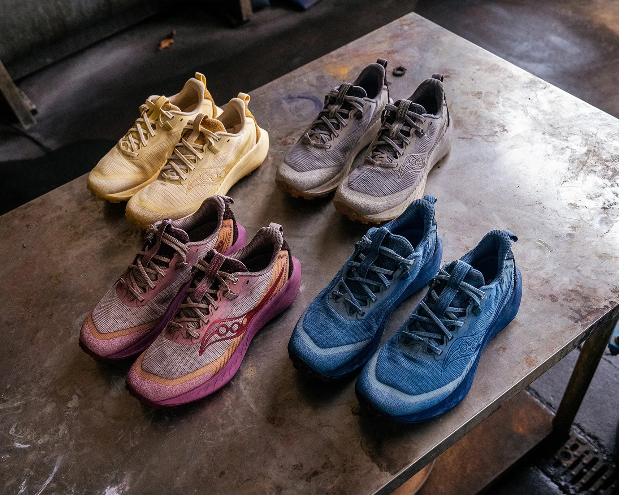 3sixteen x Saucony Peregrine 15 Gesso shoe family on steel table