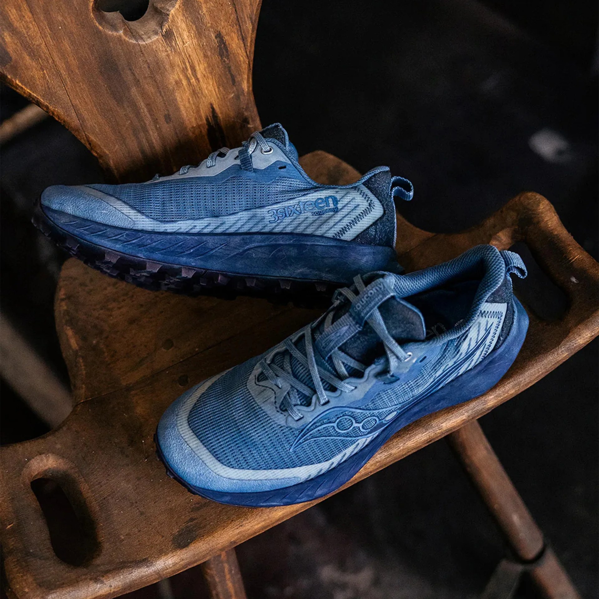 3sixteen x Saucony Peregrine 15 Gesso sneakers on wood chair