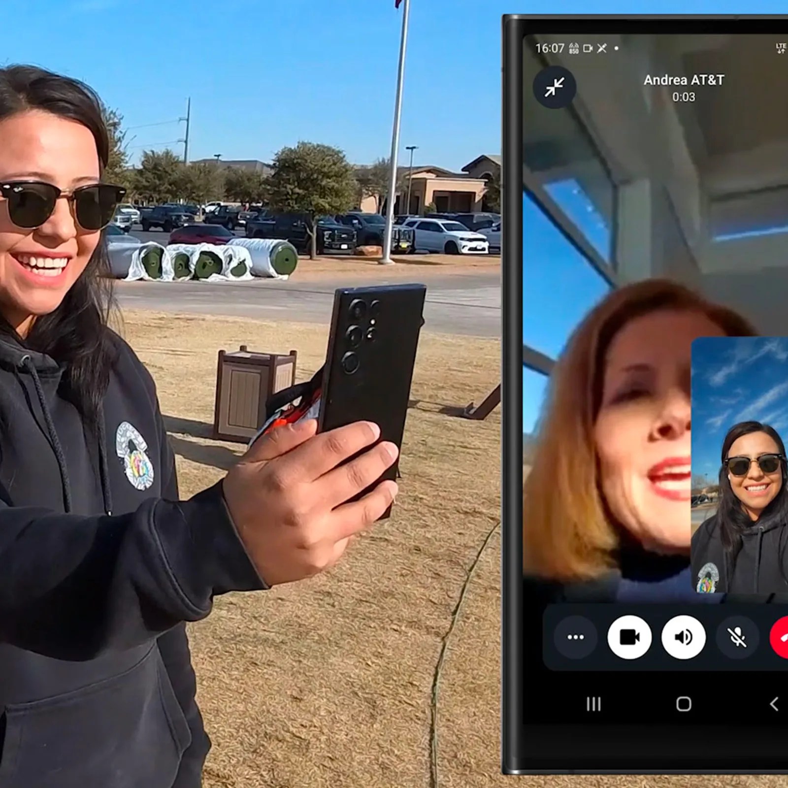 A screenshot showing the first AST SpaceMobile initiated the video call from Midland, Texas to AT&T in Dallas