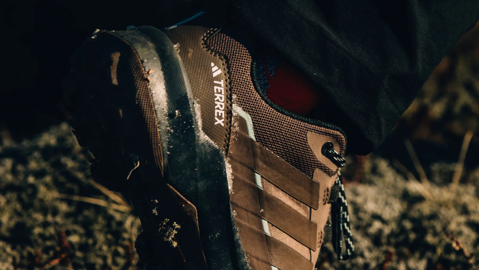 Closeup of Adidas Skychaser AX5 Gore Tex Hiking Shoe walking on mountain