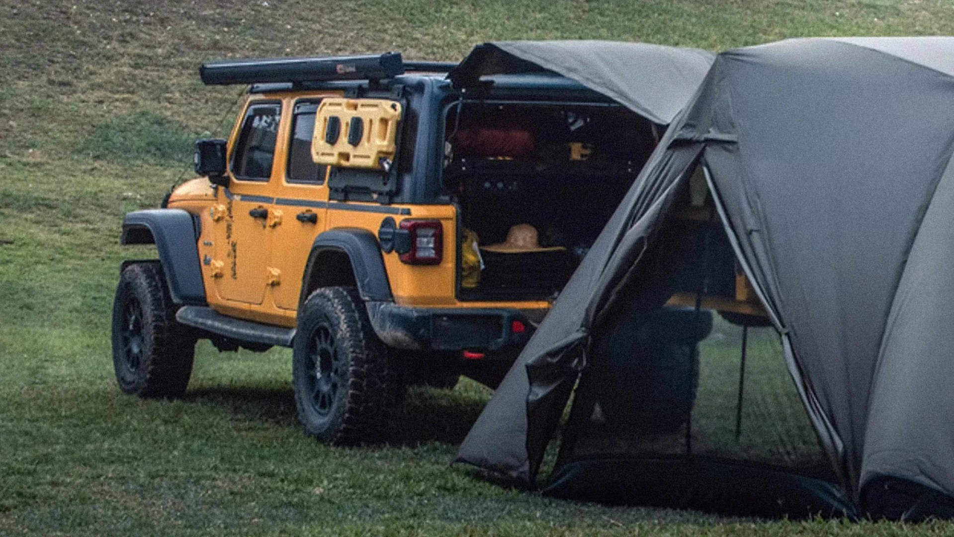 Altara Dual Awning Modular Camping Tent with Jeep closeup