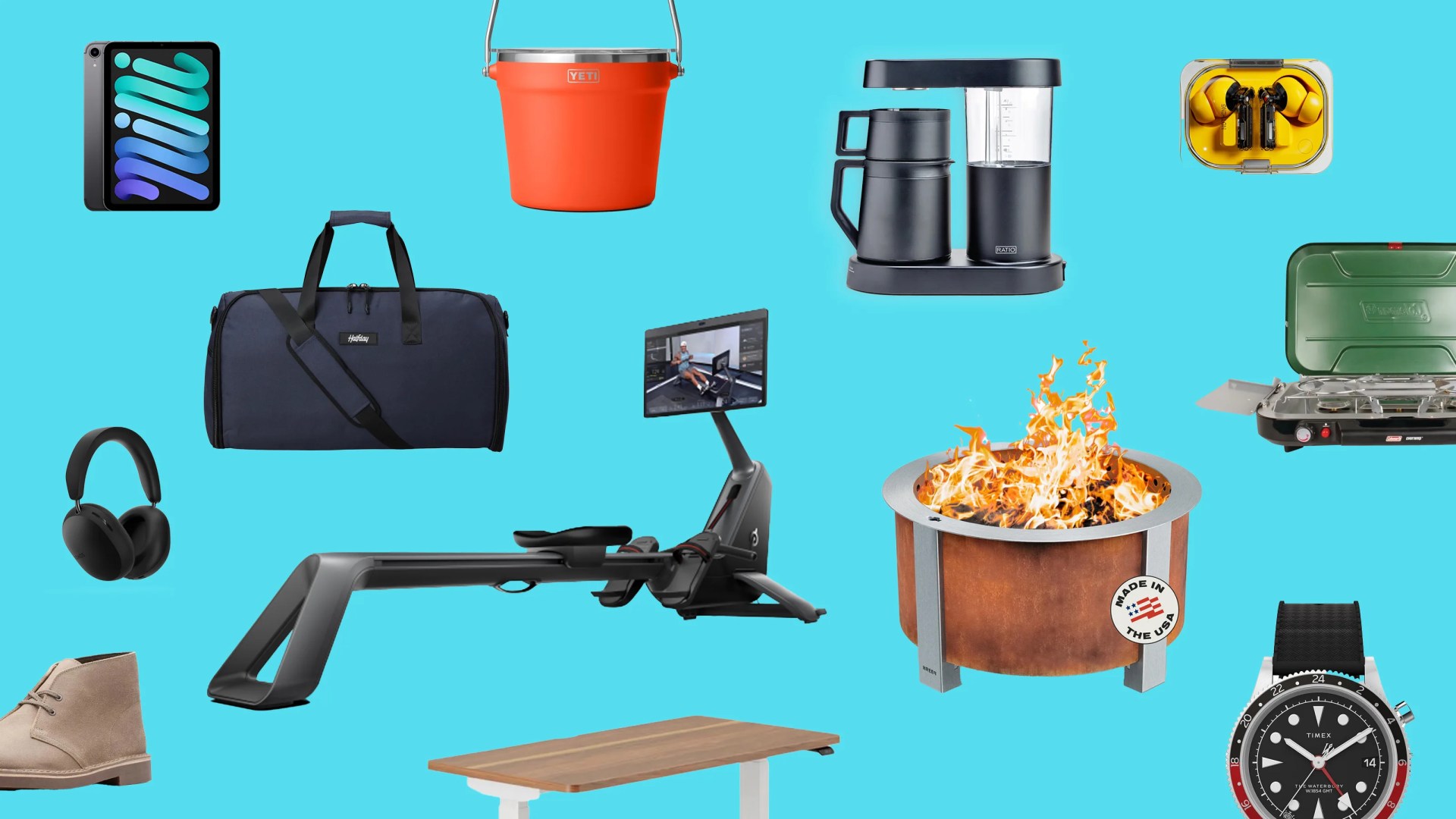 A collage of products on sale for Amazon Prime Day 2025 against a bright teal background