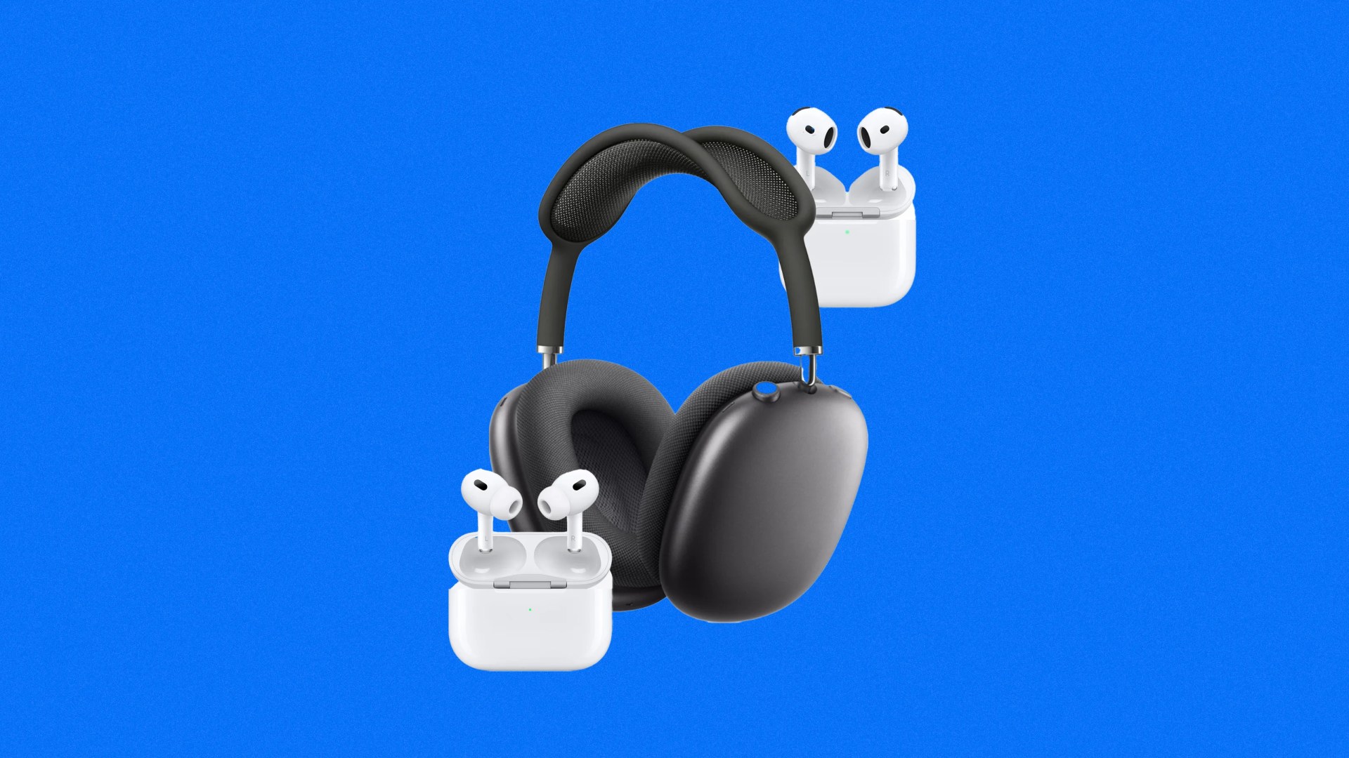 A pair of Apple AirPods 4, Apple AirPods Pro 2 and Apple AirPods Max USB-C shown against a blue background
