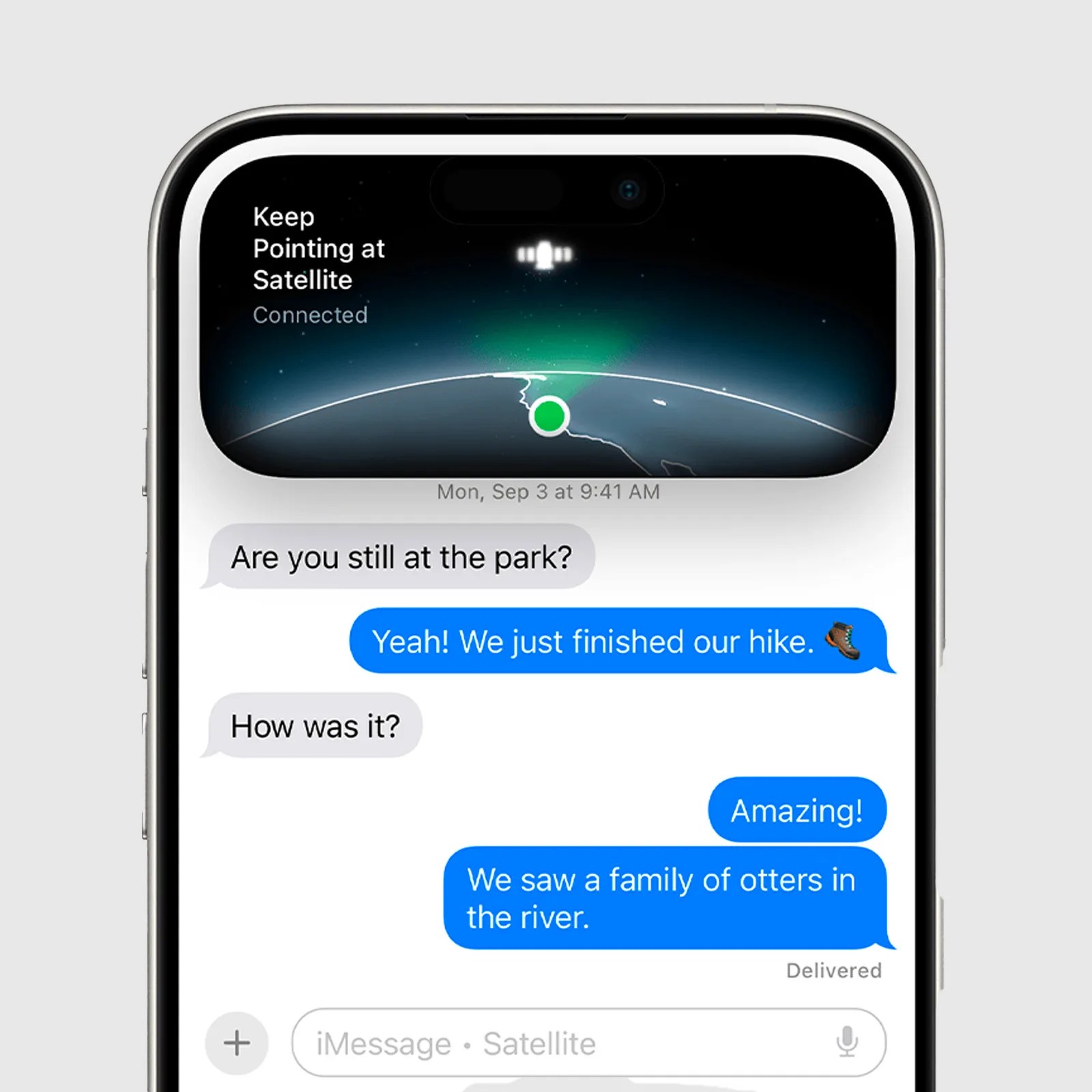 A screenshot of an Apple iPhone showing how iMessages can be sent via satellite
