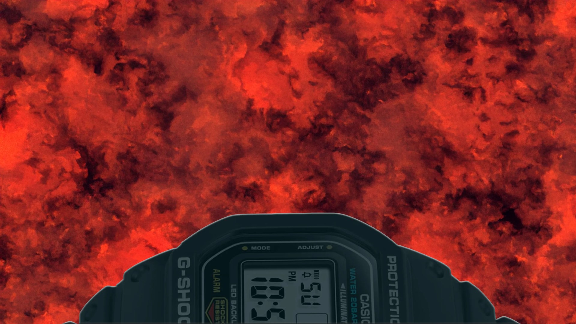 A photo illustration showing the edge of a Casio G-Shock-DW5600E against a background of red storm clouds