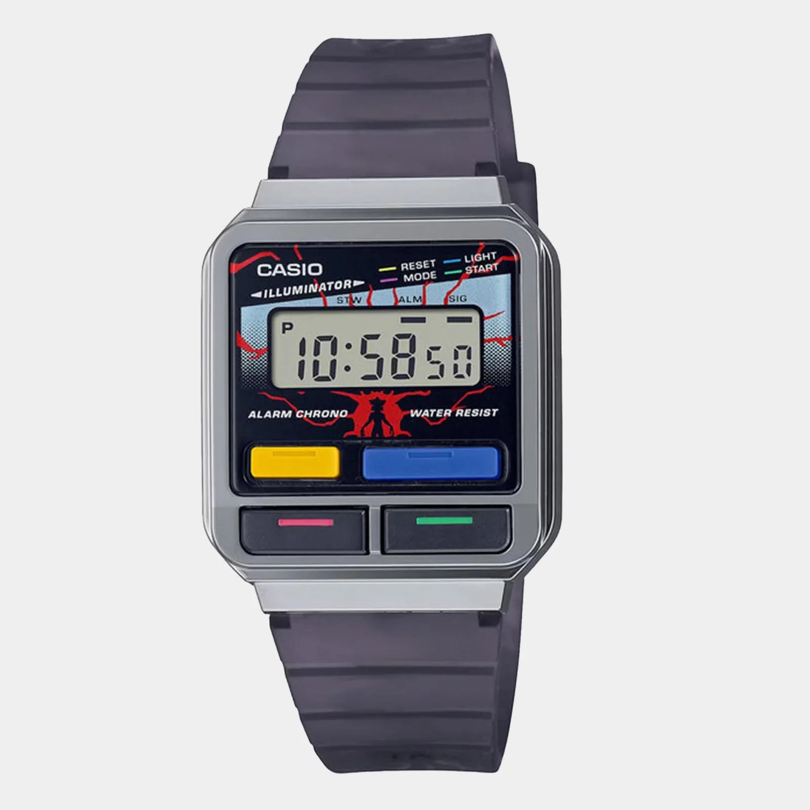 The Casio x Stranger Things collab watch against a grey background