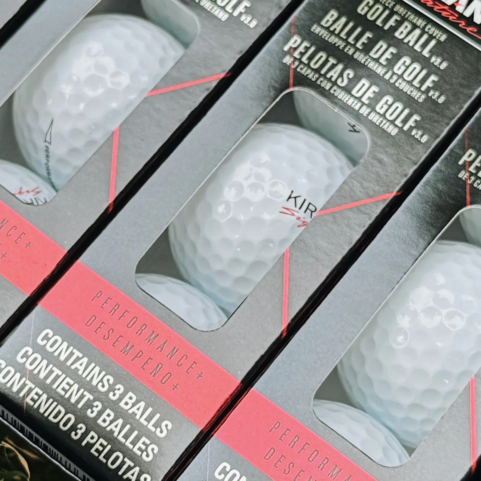 A close-up for the three ball sleeves of Costco's Kirkland Signature Golf Ball