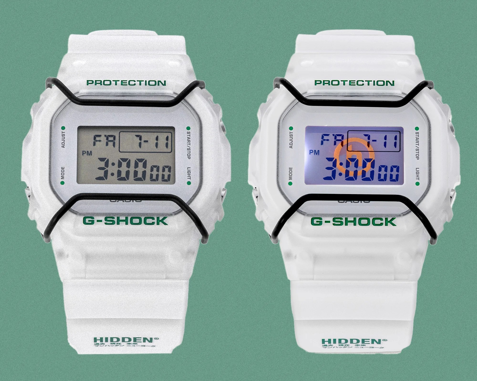 G-Shock x Hidden DW5600HDN257 Watch with backlight on and off