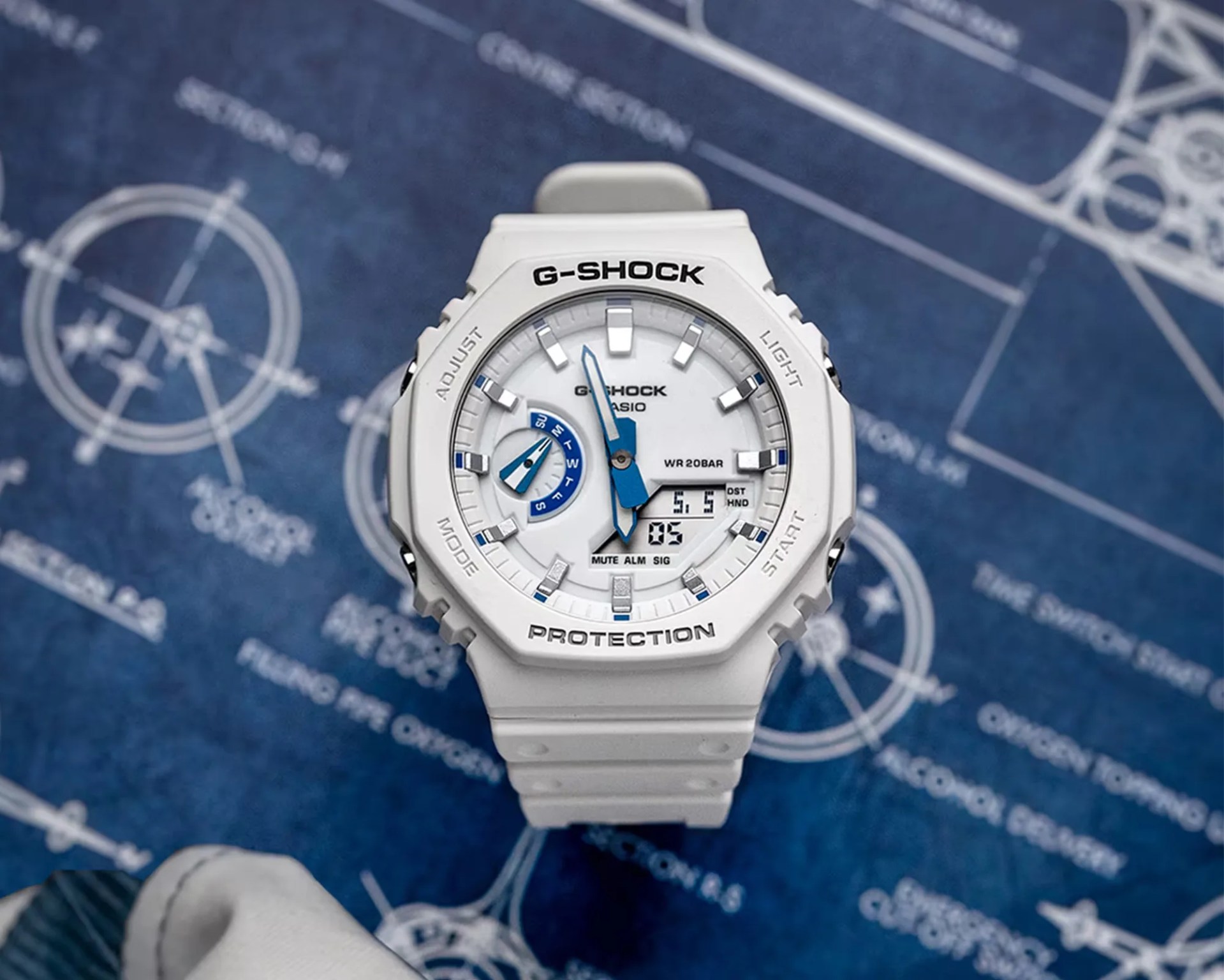 G-Shock x Marvel Fantastic Four Watch on top of blueprints
