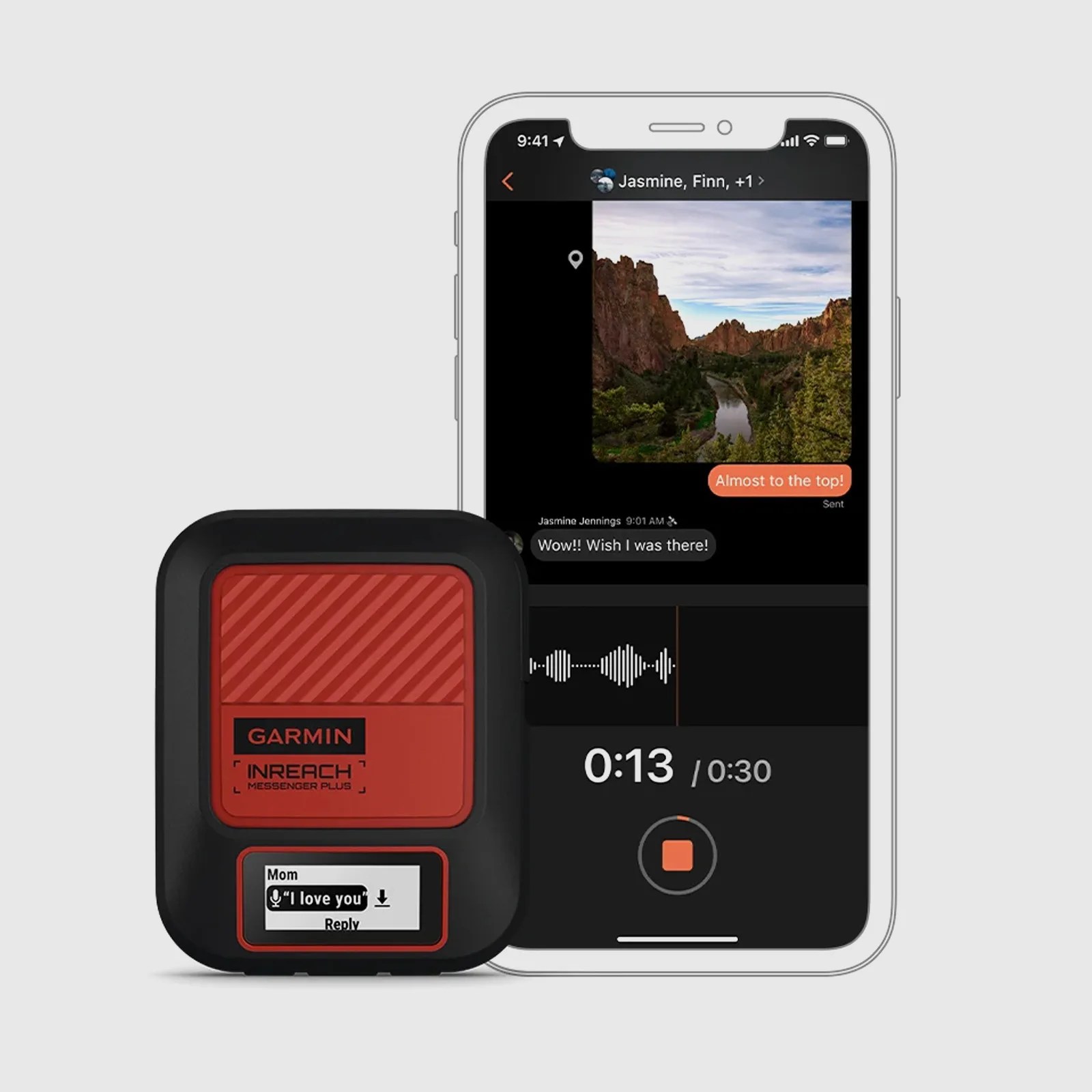 A screenshot of the Garmin inReach Messenger Plus being used with an iPhone to send a satellite voice message. 