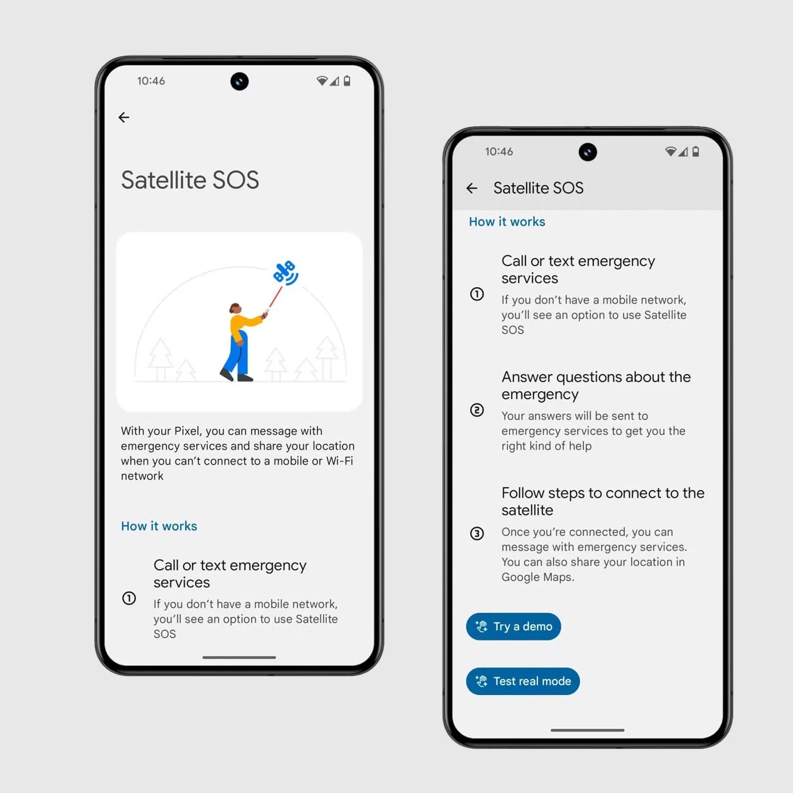 A pair of Google Pixel smartphones showing screenshots of the Google Satellite SOS demo