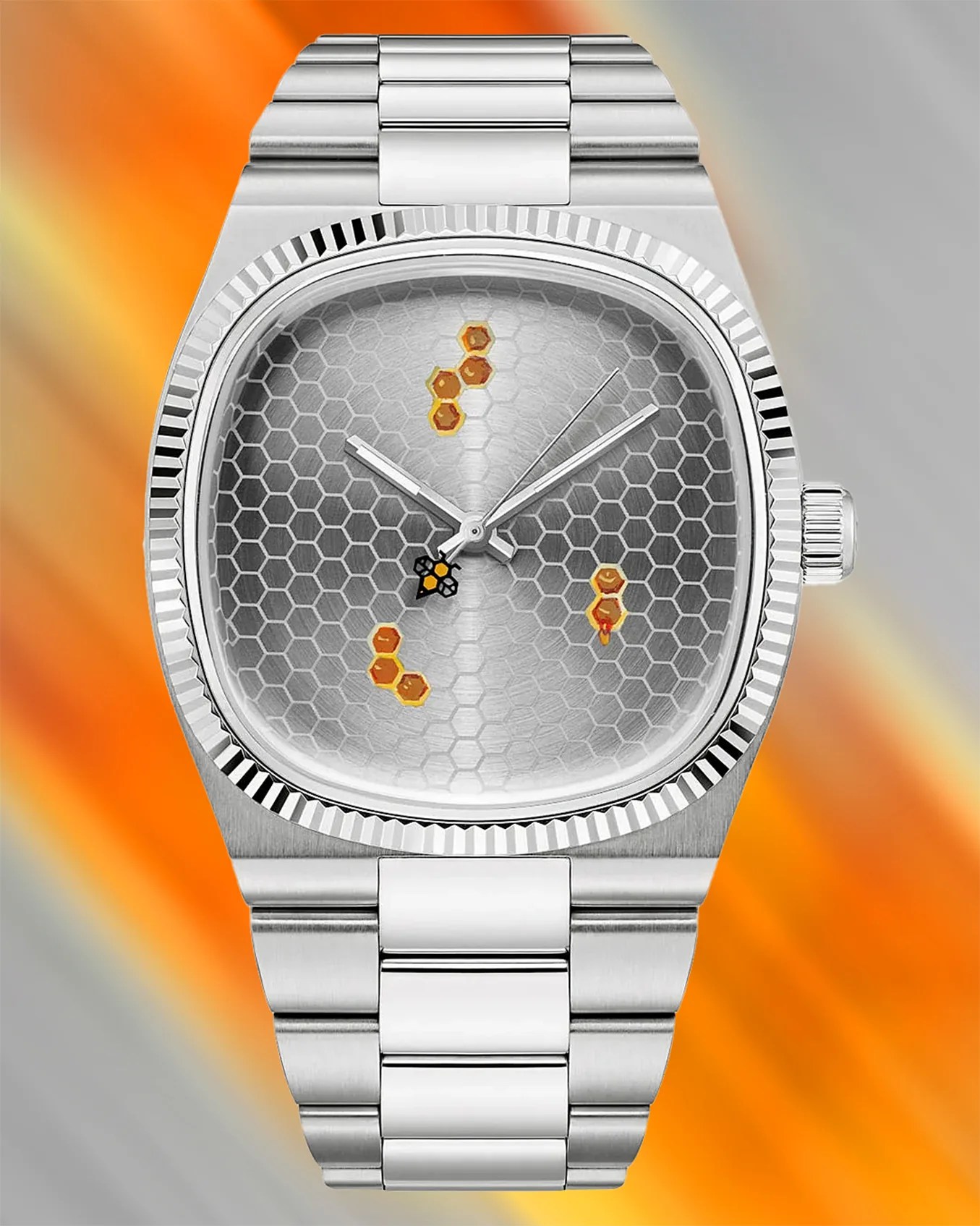 a steel watch with a honeycomb dial