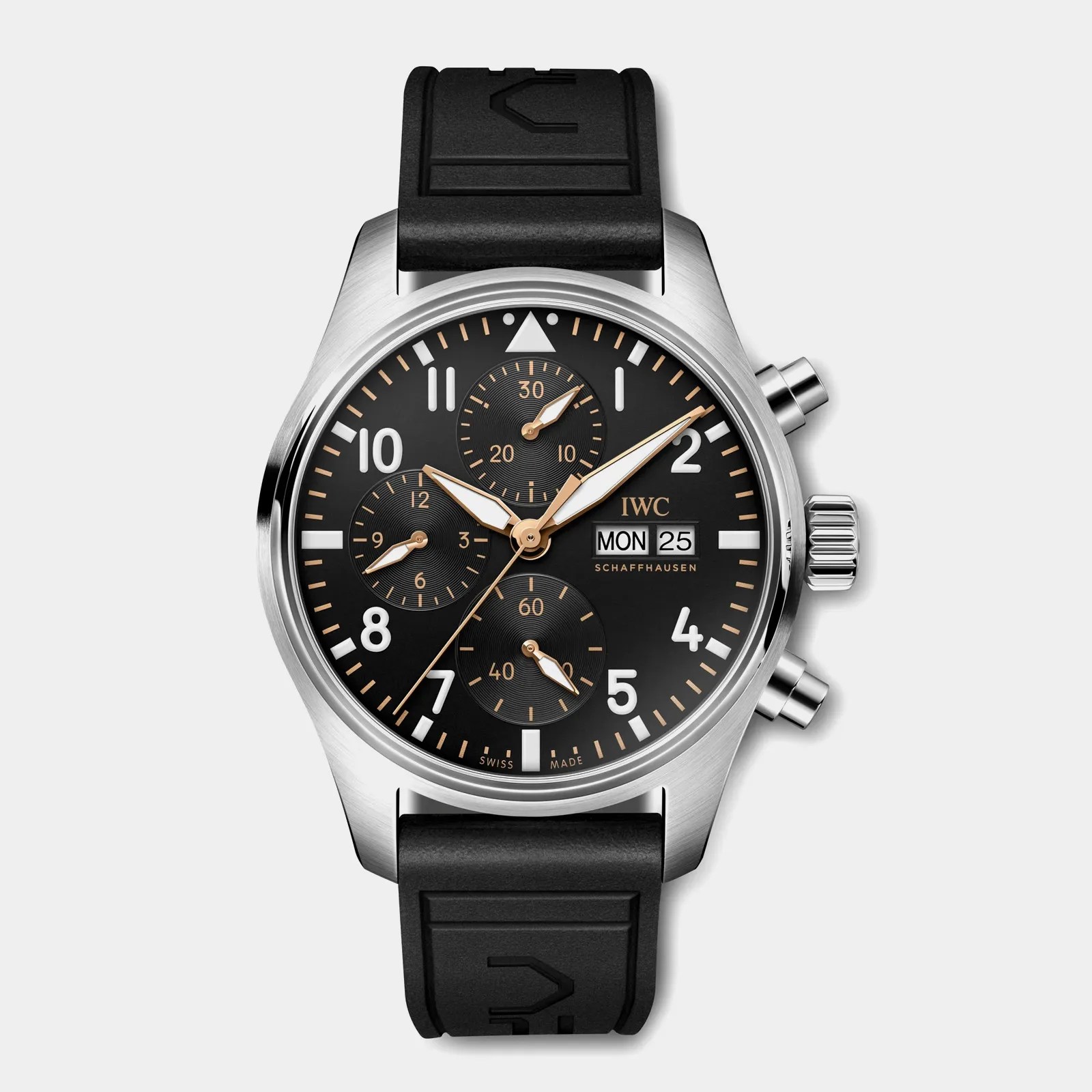 The IWC Pilot’s Watch Chronograph 41 APXGP on a light grey background