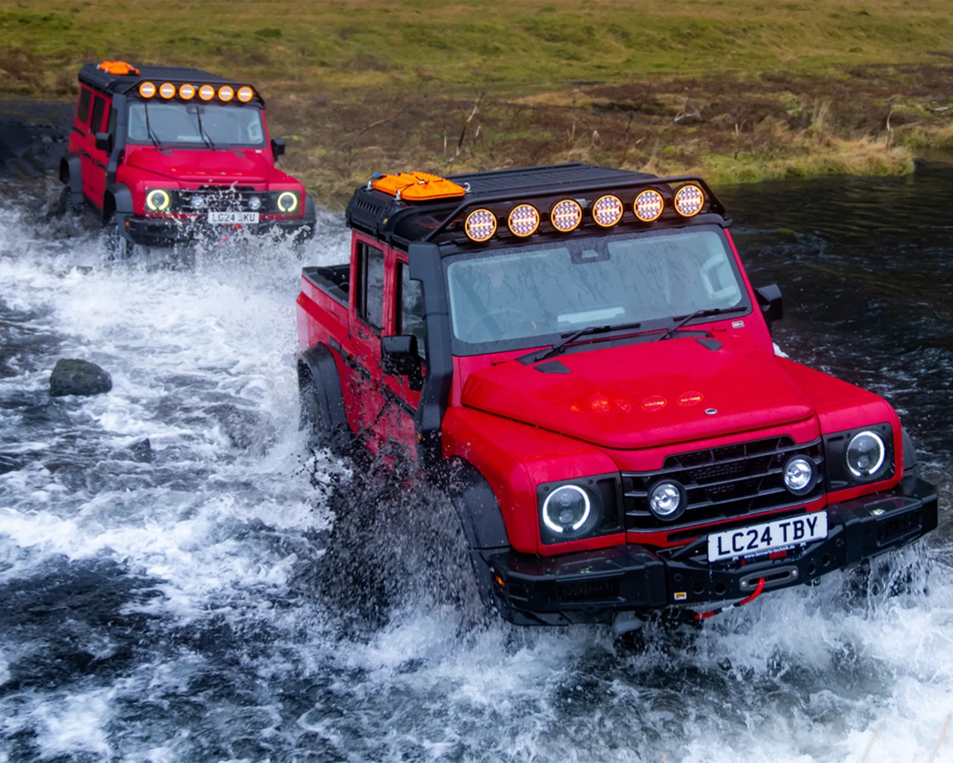 Ineos Grenadier Trialmaster x Letech Overlanders fording Icelandic river