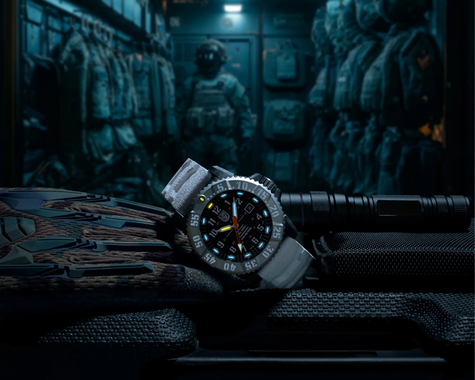 Luminox Mil Spec XL3359SET Dive Watch in front of military armory