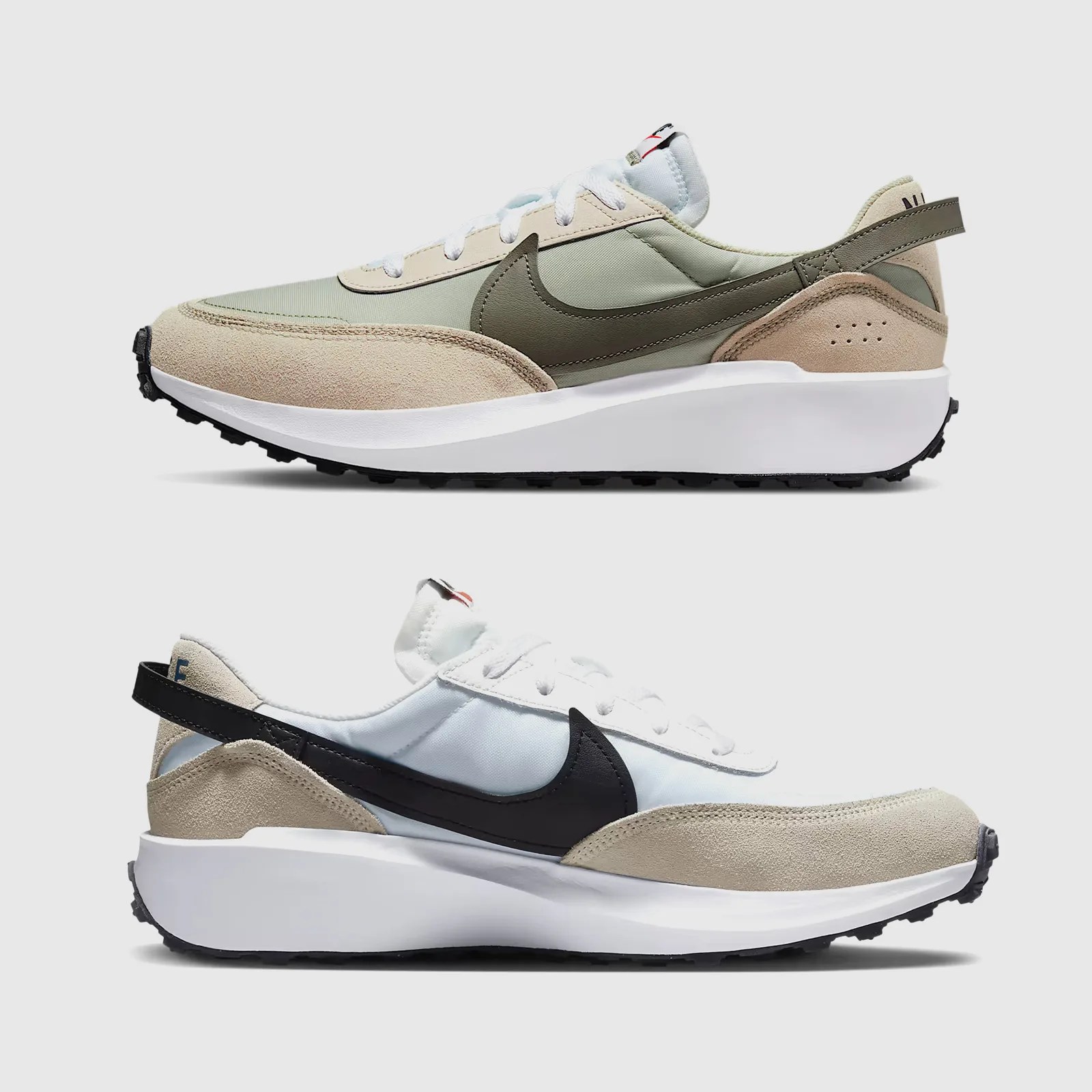 Two different single Nike Waffle Debut racing sneakers shown in profile, each pointing to a different edge of the image frame to show the inner and outer edge details of the sneaker