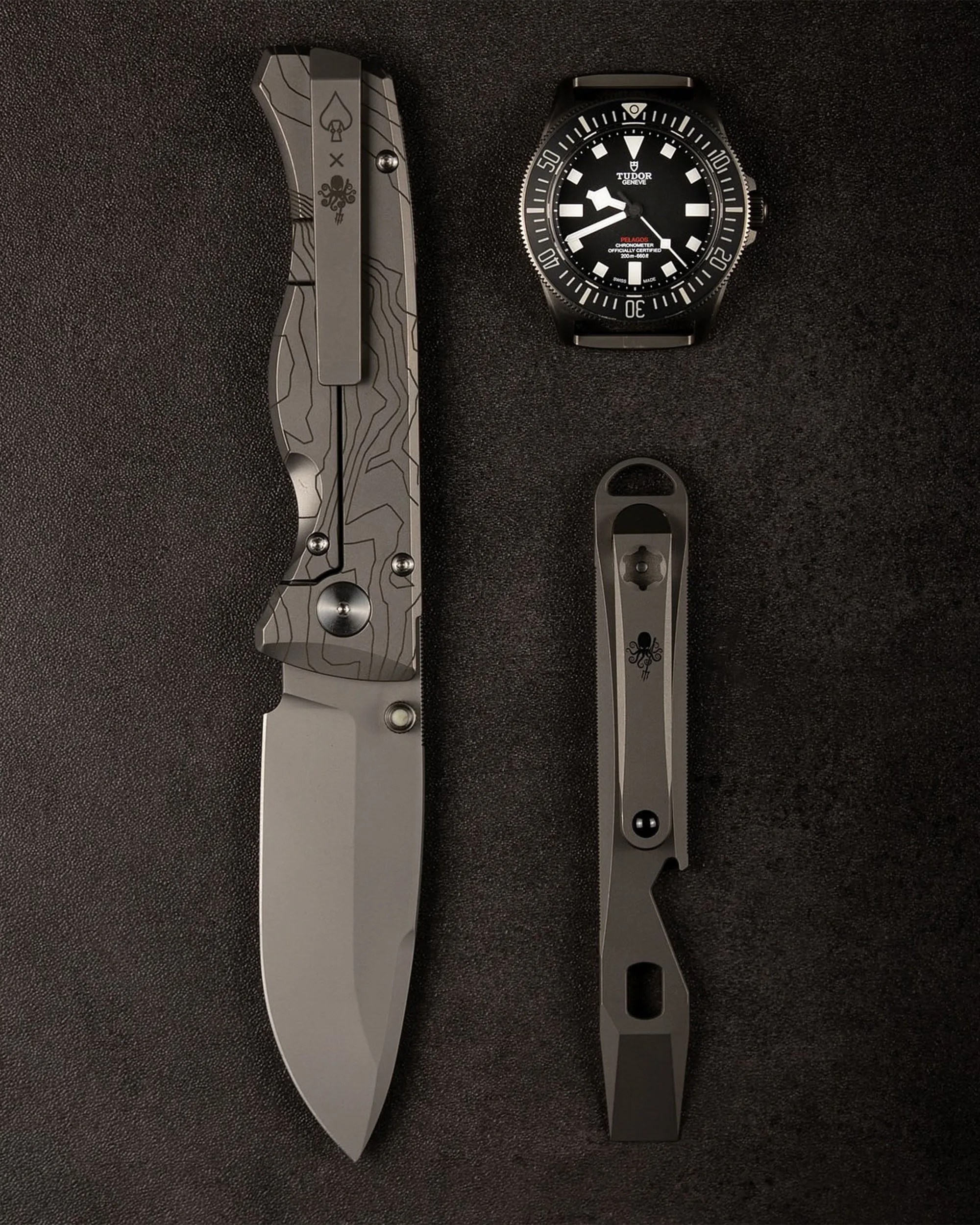 Prometheus Design Werx x Watches of Espionage Birdwatcher knife with pry bar and Tudor watch