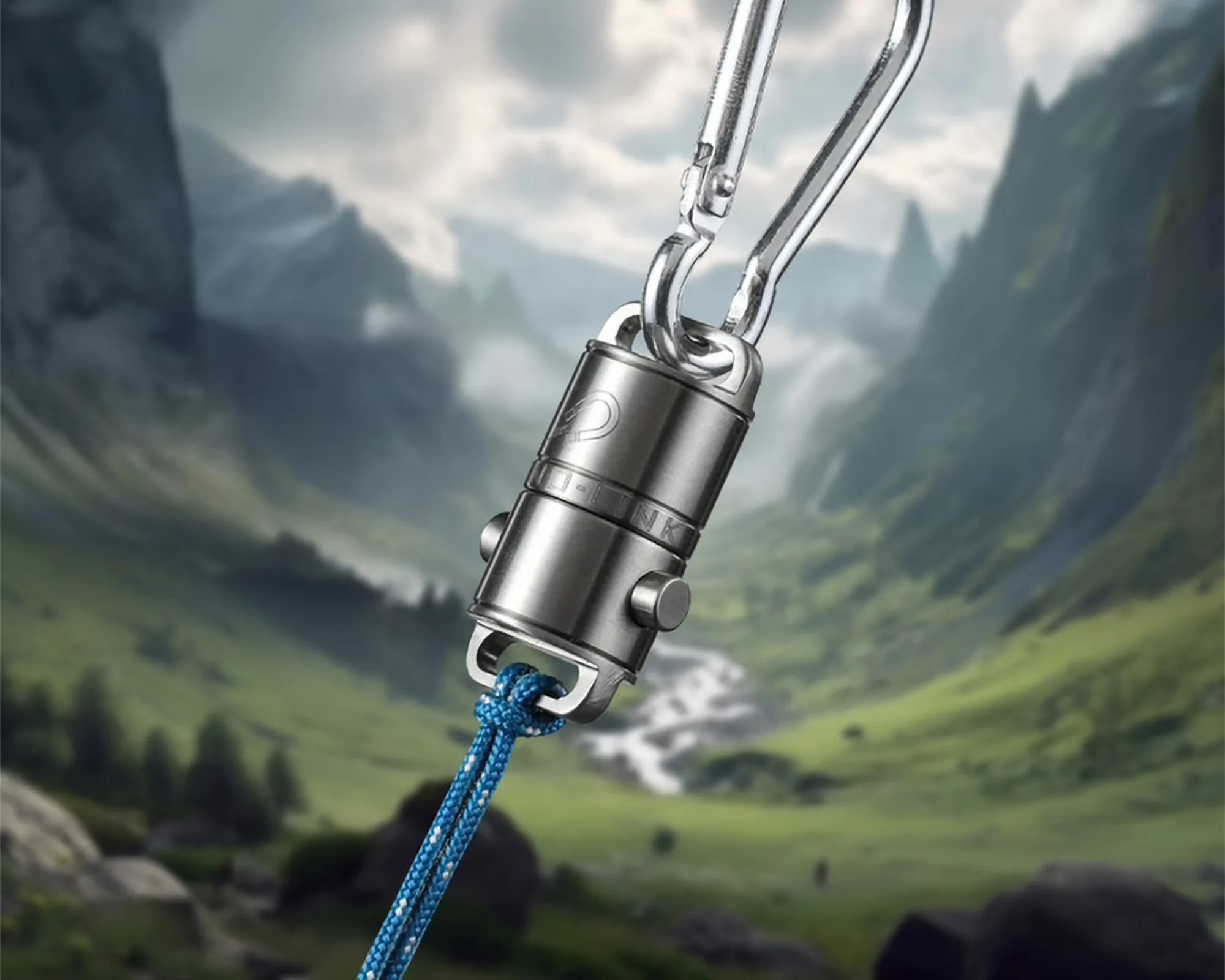 Retvon Magno Link EDC Quick Release in front of valley with carabiner and paracord