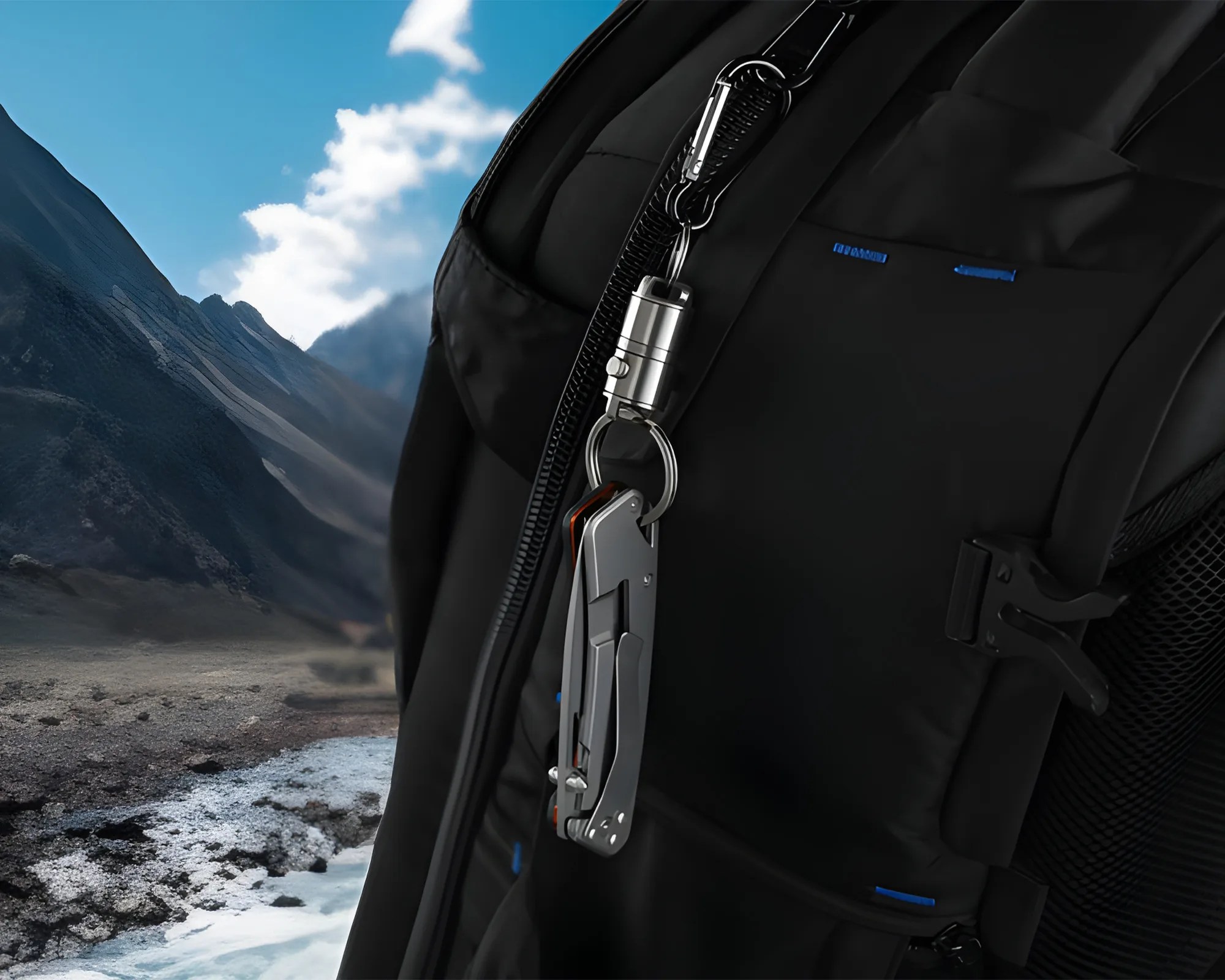 Retvon Magno Link EDC Quick Release on backpack with pocket folder in front of outdoor scenery