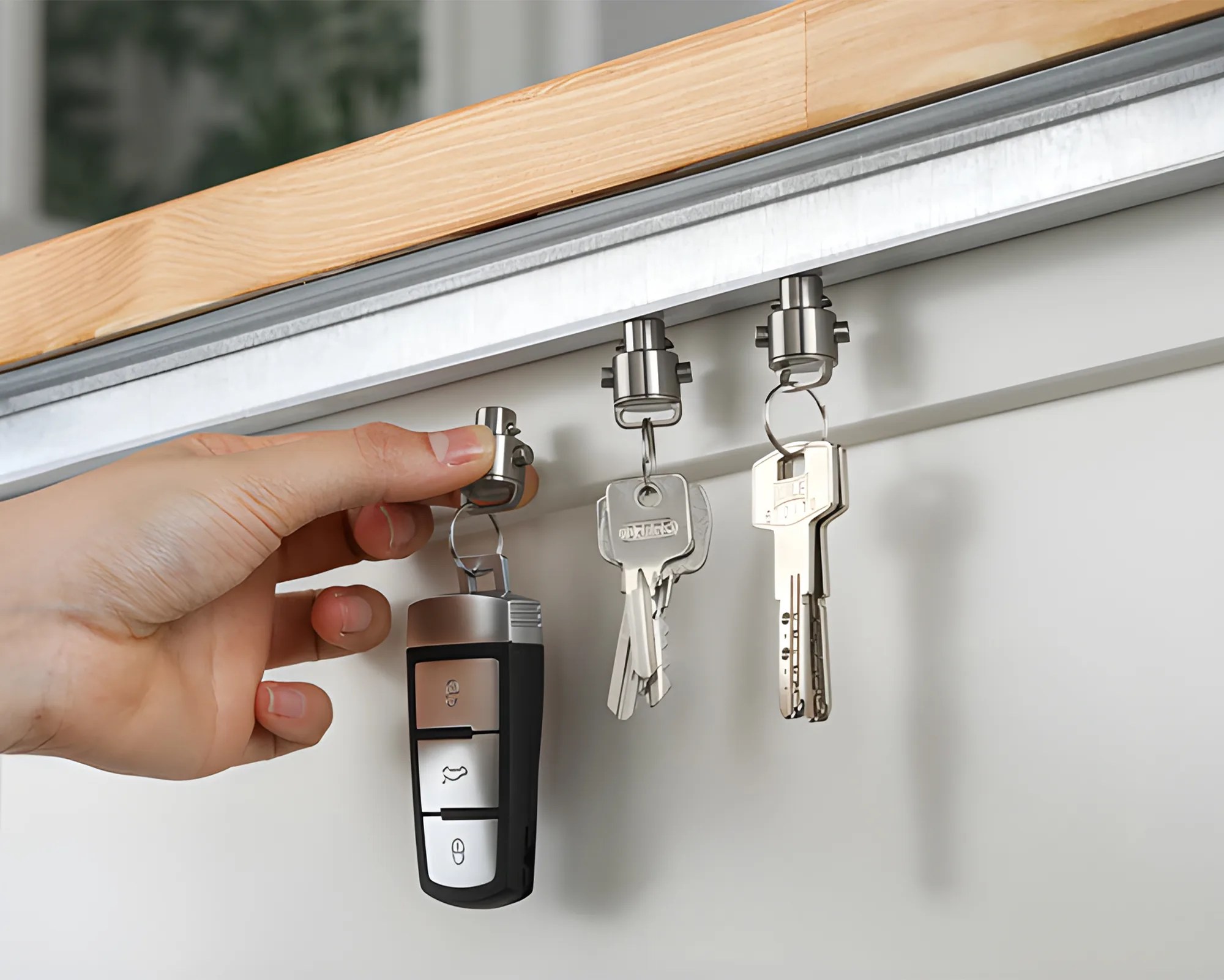 Retvon Magno Link EDC Quick Release attached to keys, magnetized to underside of counter top