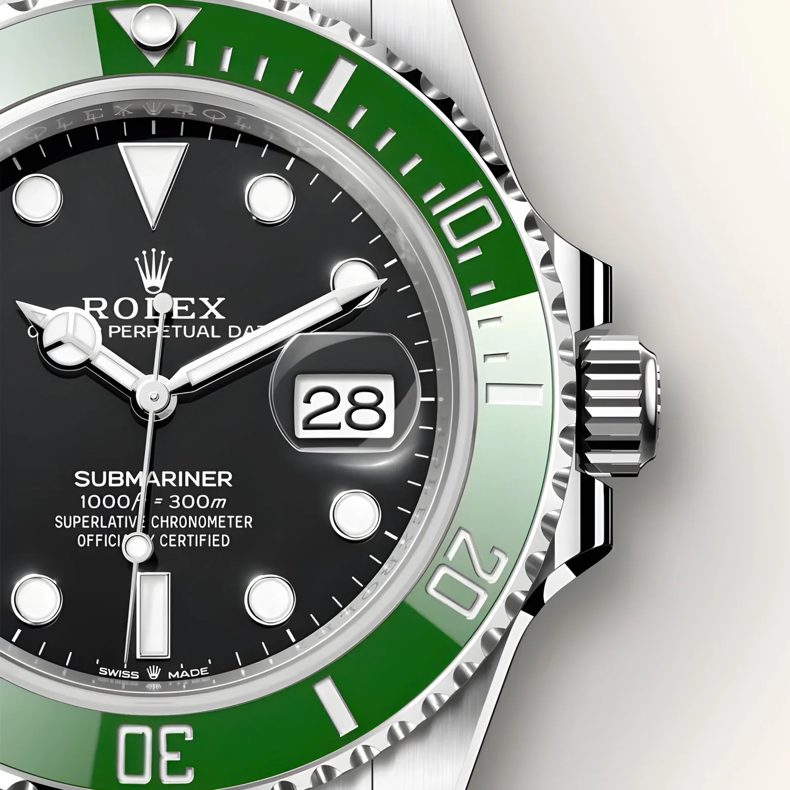 A close-up of the face and dial of the Rolex Submariner 126610LV Starbucks 