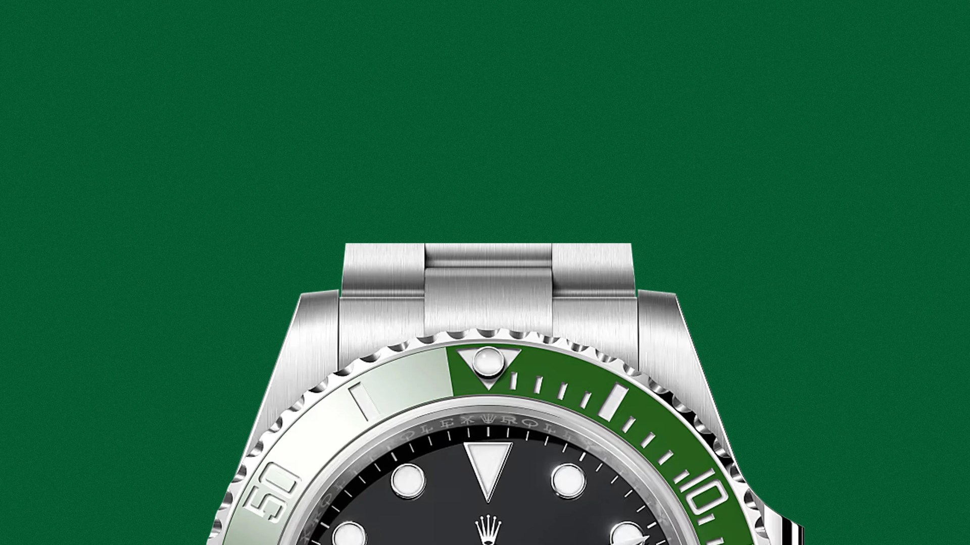 The top half of a Rolex Submariner 126610LV shown against a dark green background