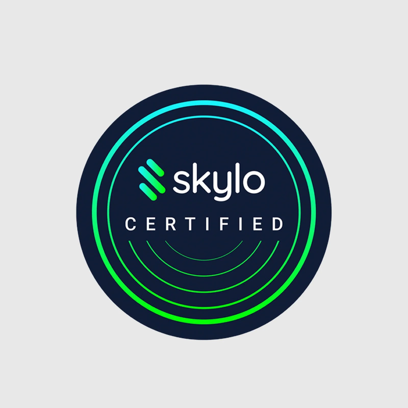 A skylo certified graphic logo against a light grey background