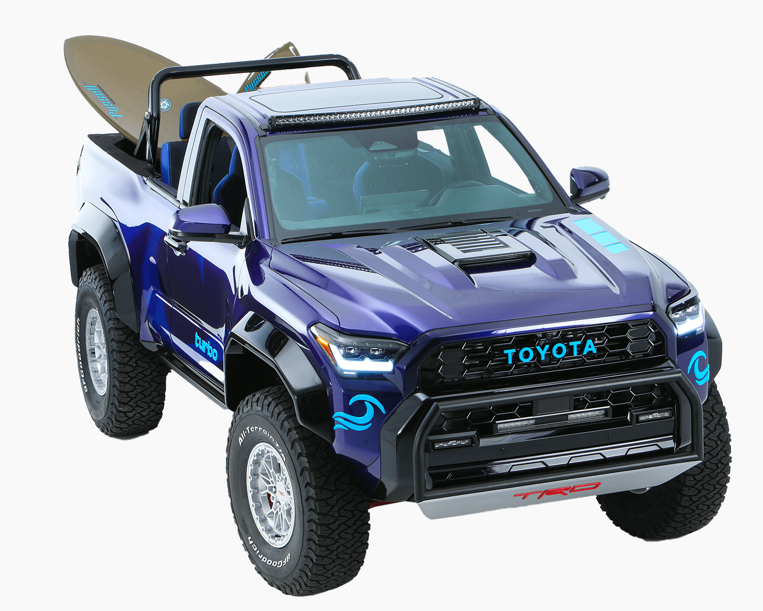 a blue toyota 4runner concept with surfboards