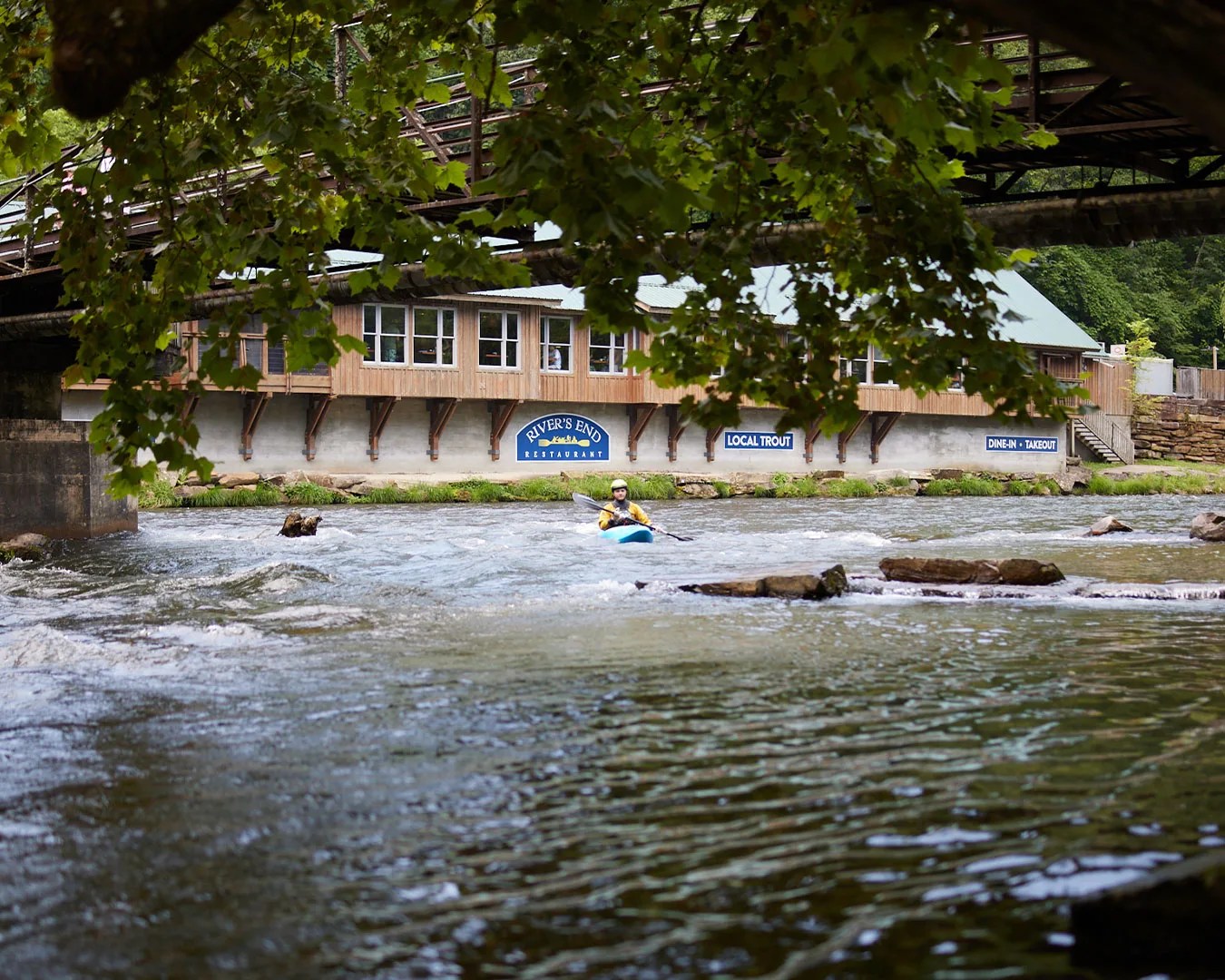 people rafting outside of River's End restaurant