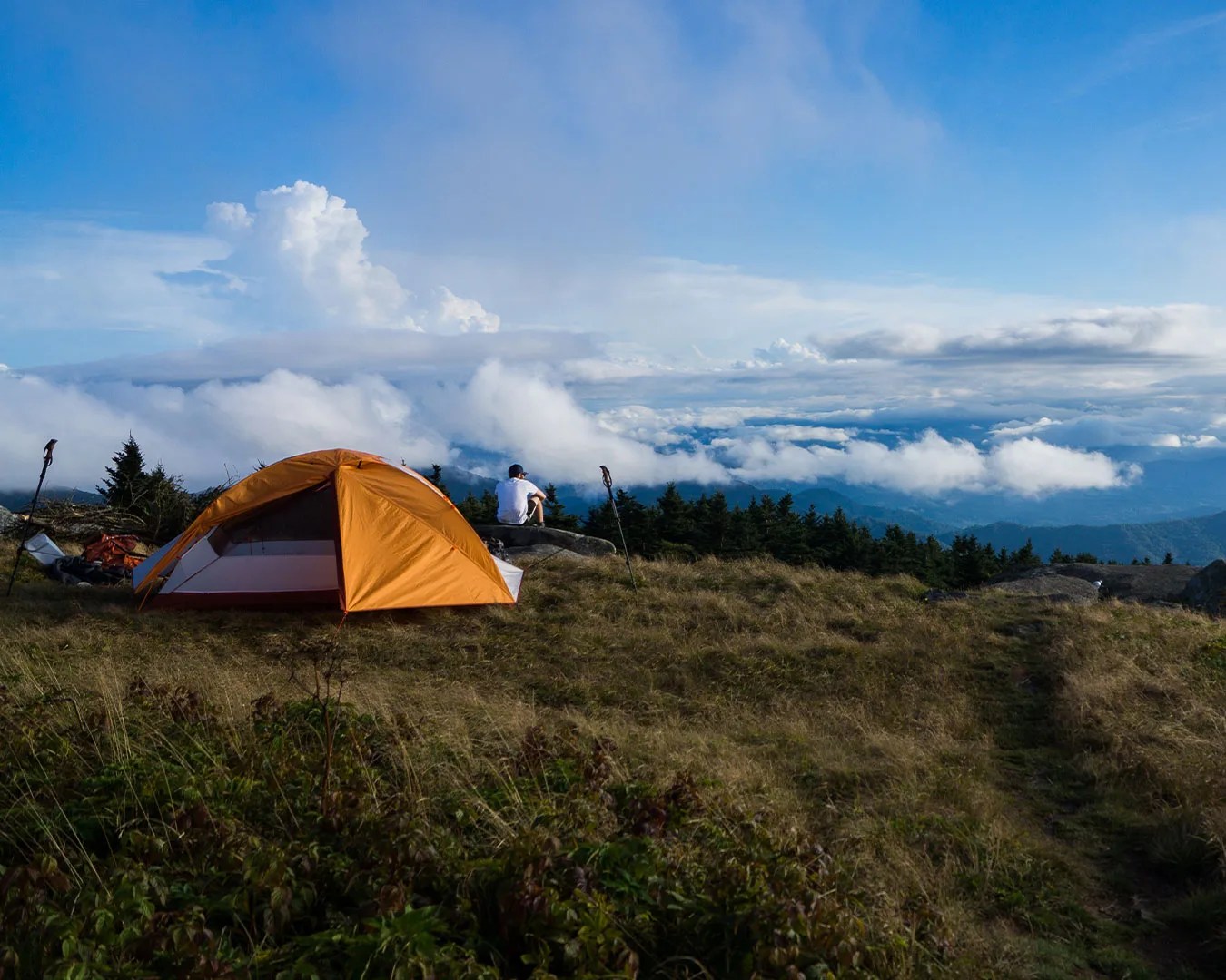 Male camps on Grassy Ridge Bald mountain in the Roan Highlands on the Appalachian Trail