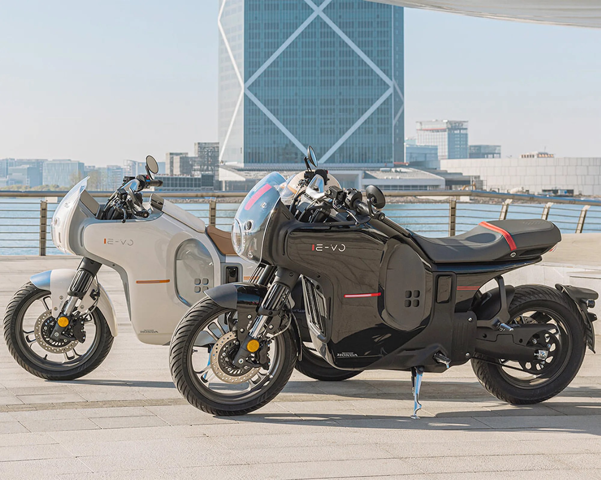 Wuyang-Honda E-Vo Electric Motorcycles on the waterfront