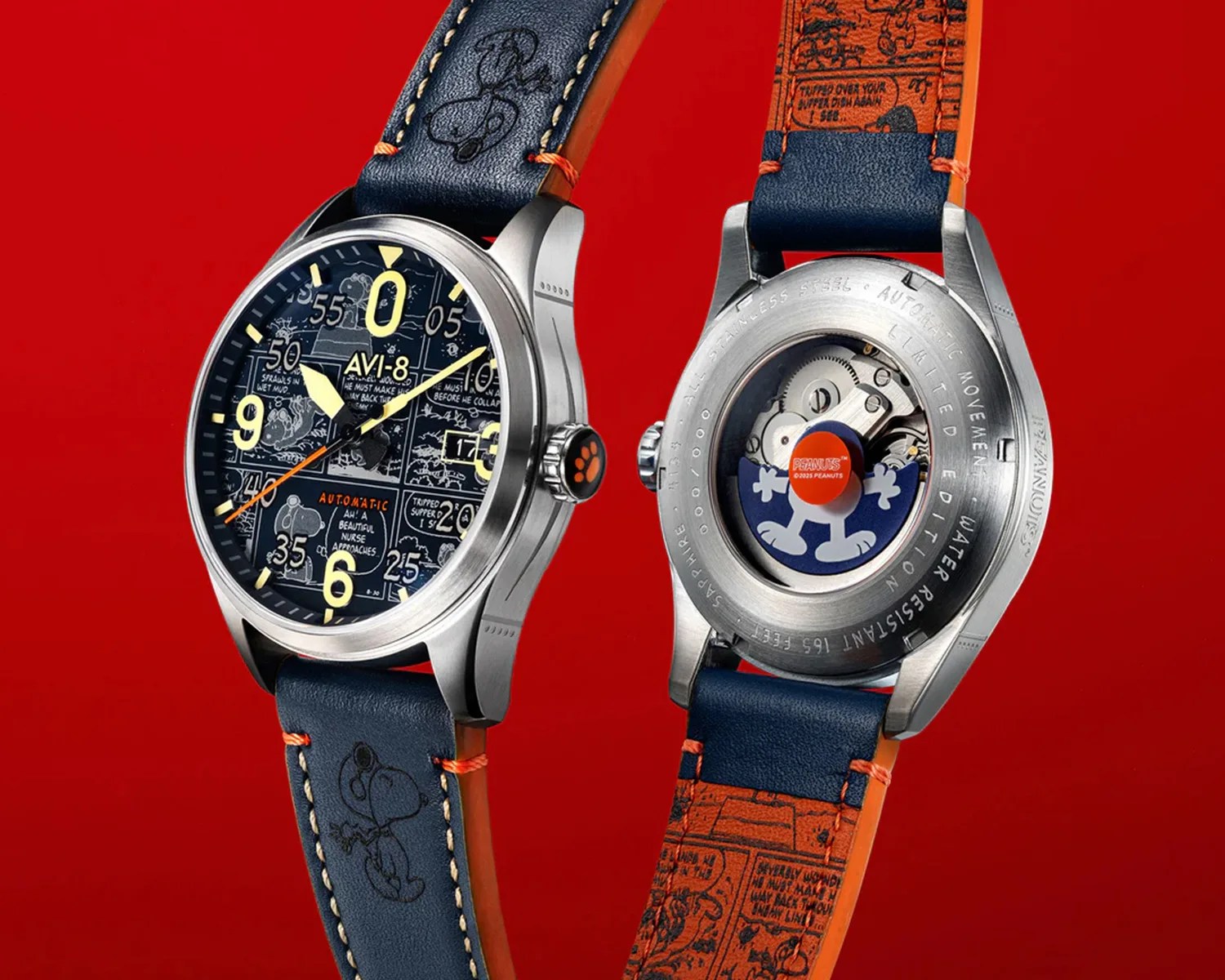 a mirror image of an avi 8 snoopy watch showing its front and back sides