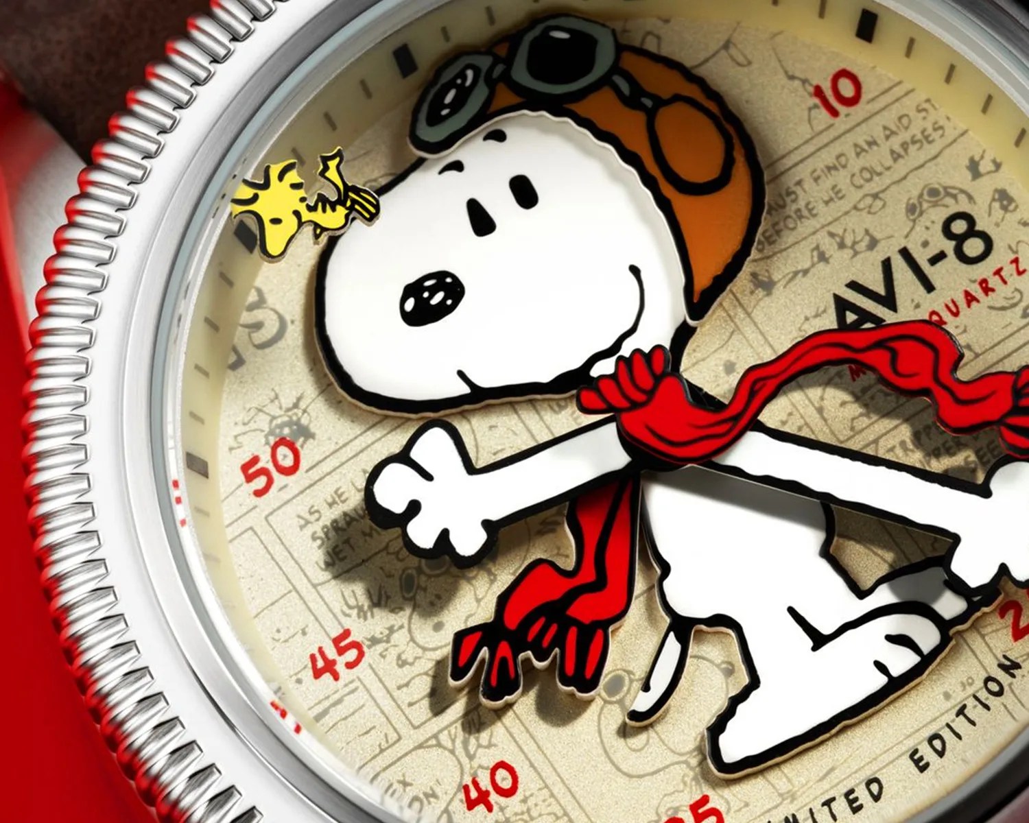a closeup of an avi 8 watch dial featuring snoopy