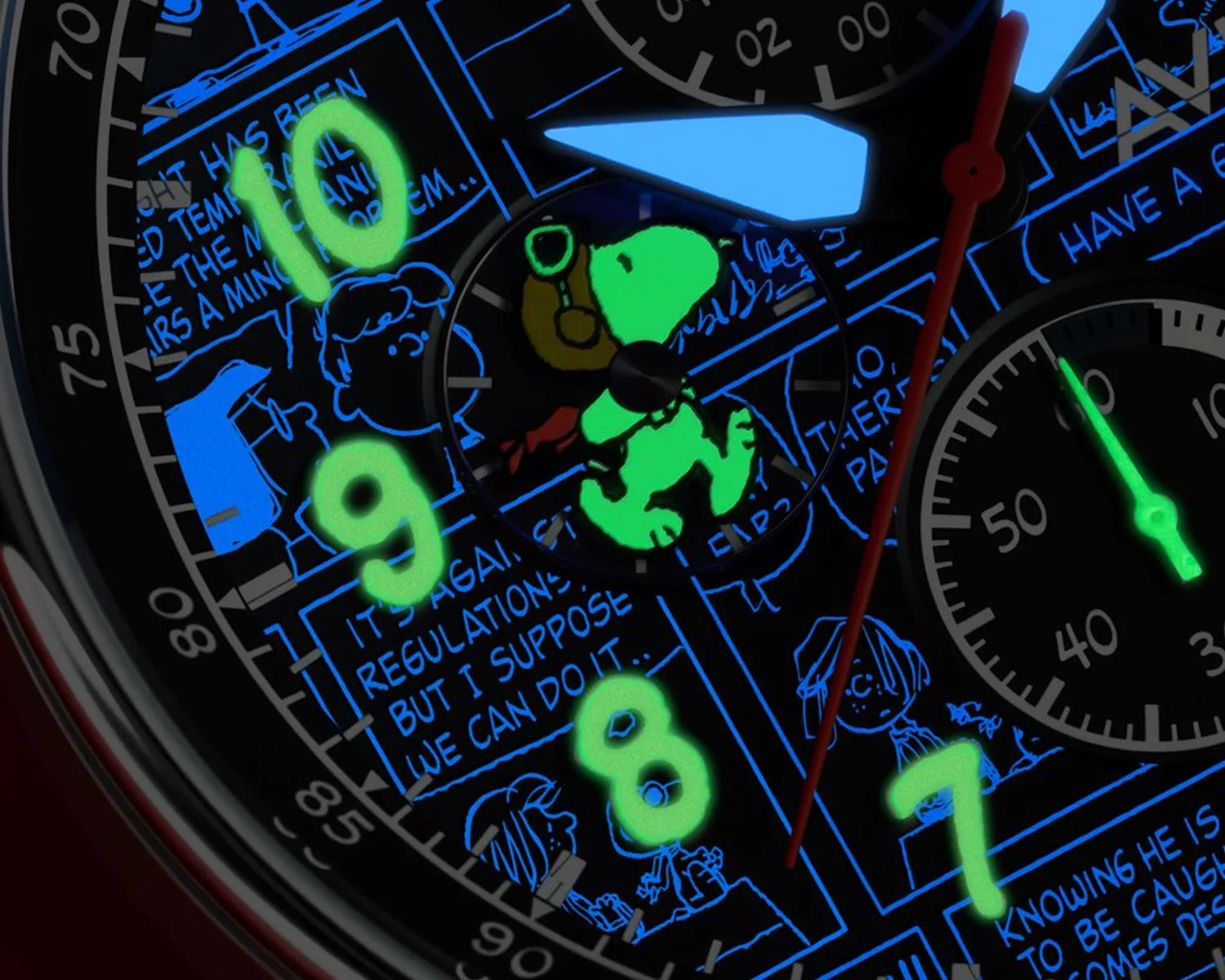 a closeup of a glowing avi 8 watch dial featuring snoopy