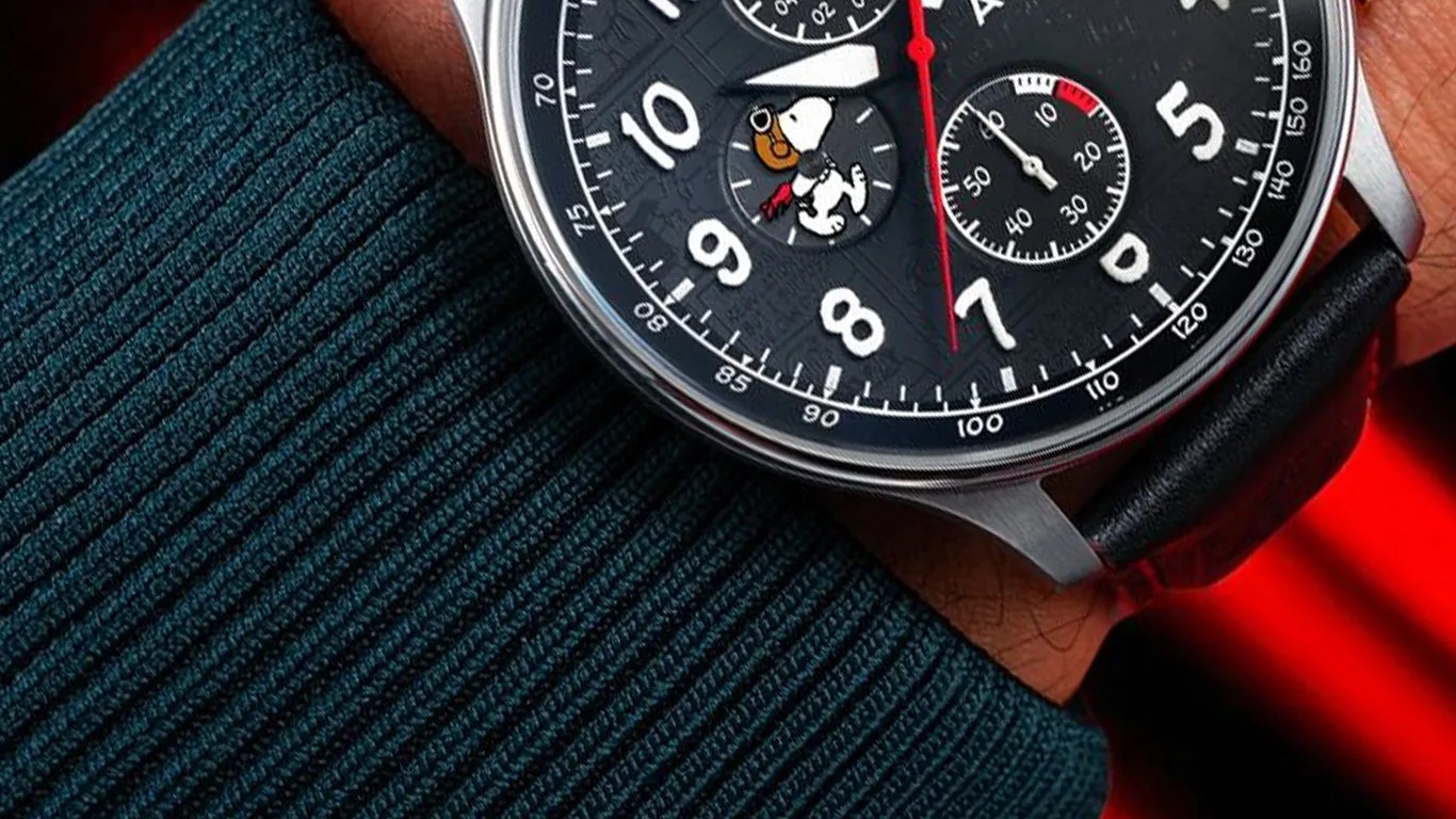 a closeup of an avi 8 snoopy watch on a mans wrist