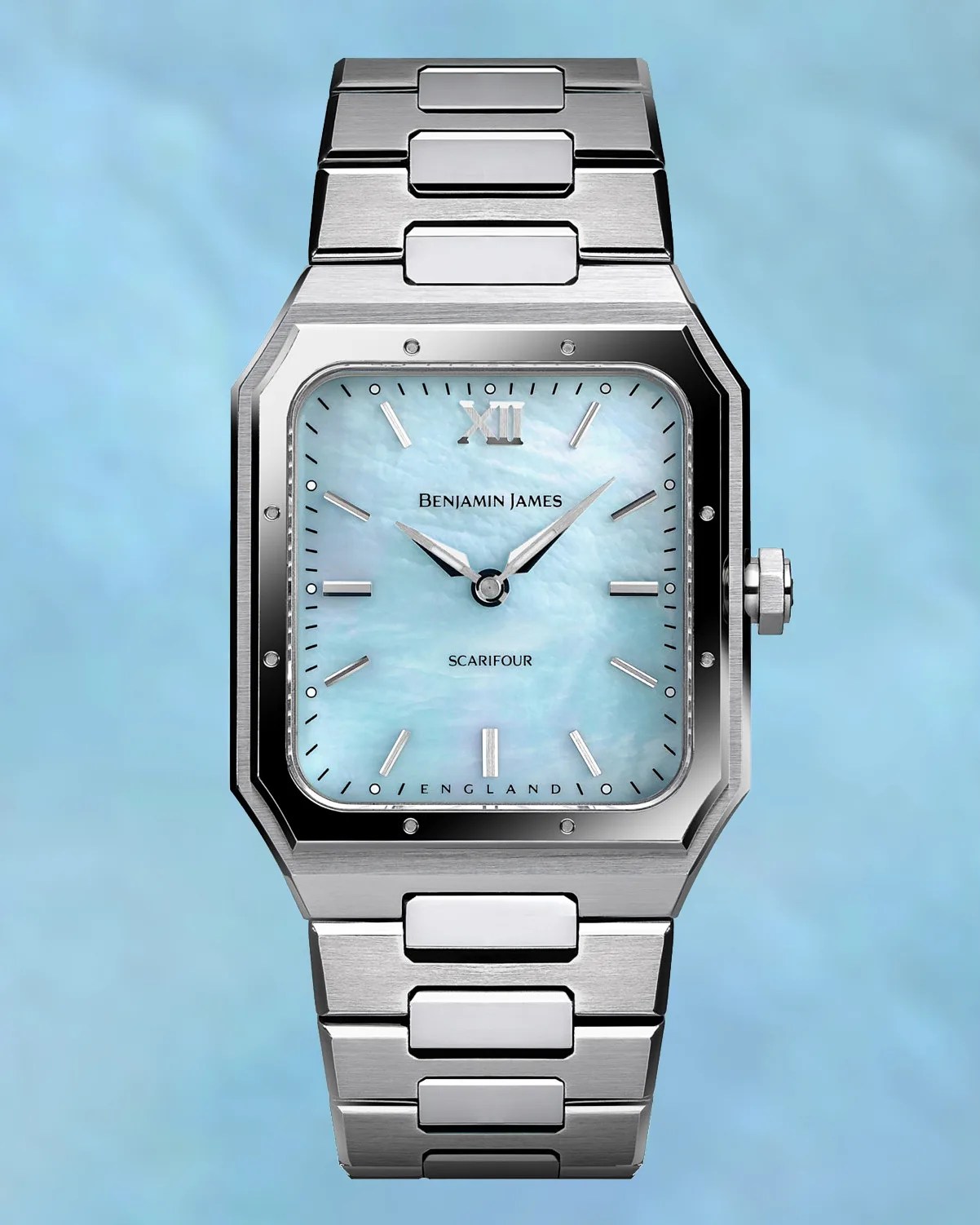 a Benjamin James watch with a blue dial