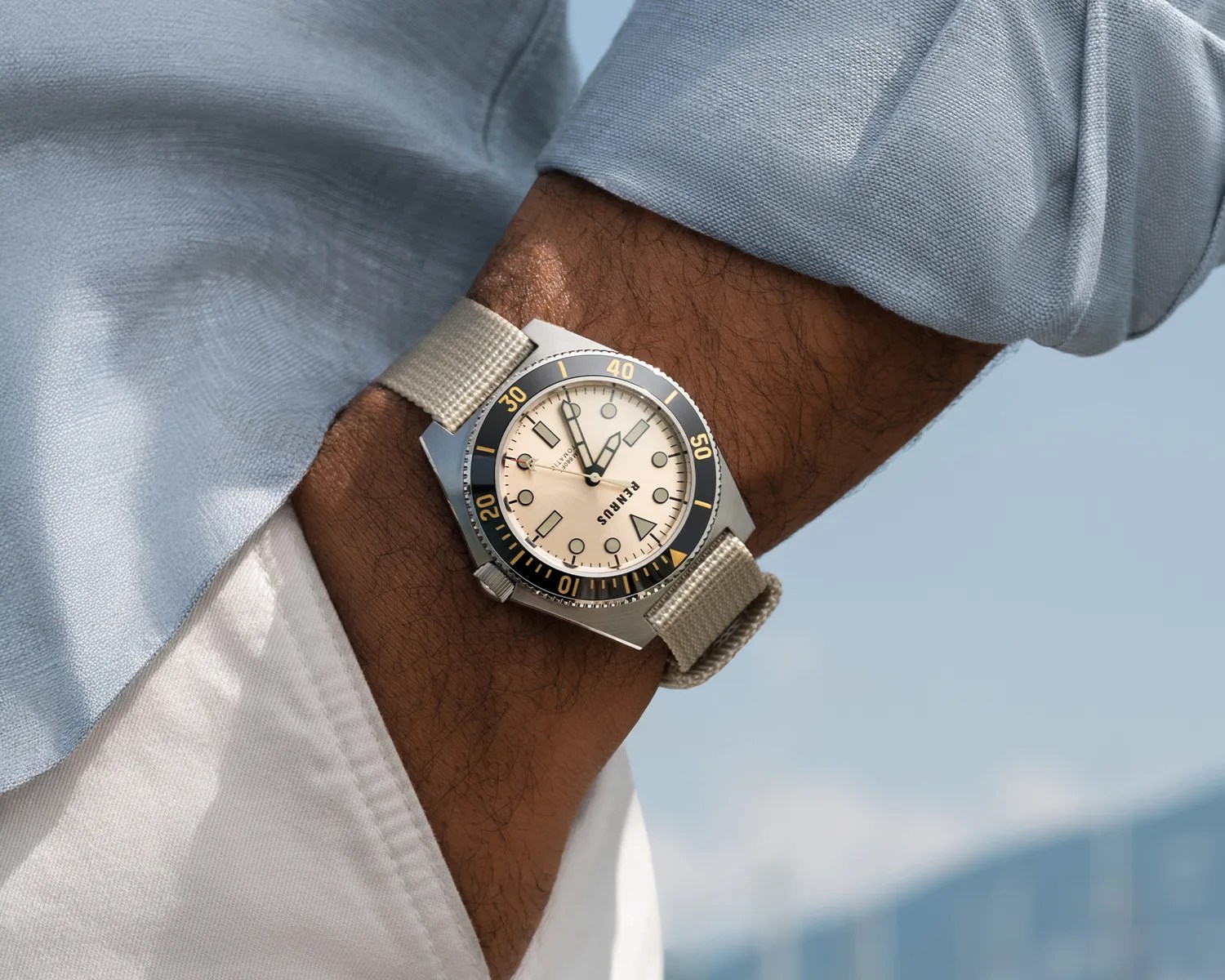 a Benrus watch on a mans wrist
