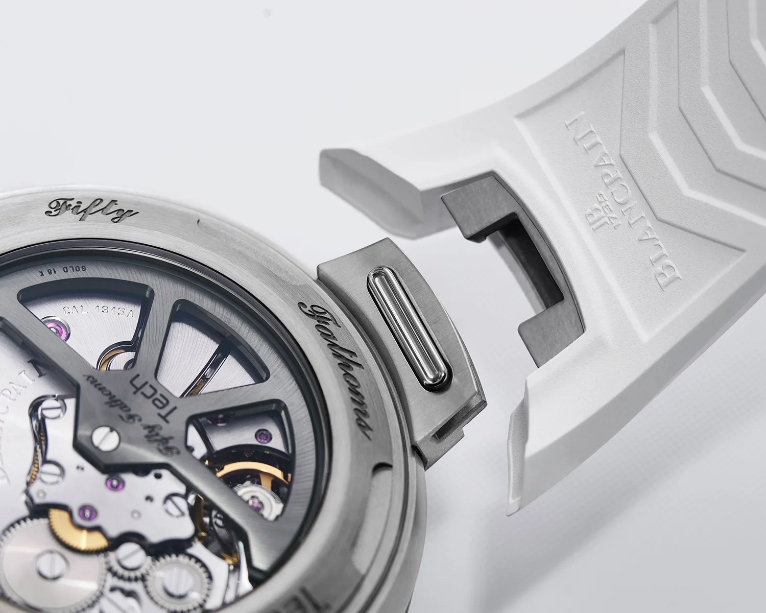 the back of a a Blancpain dive watch featuring a quick release strap system