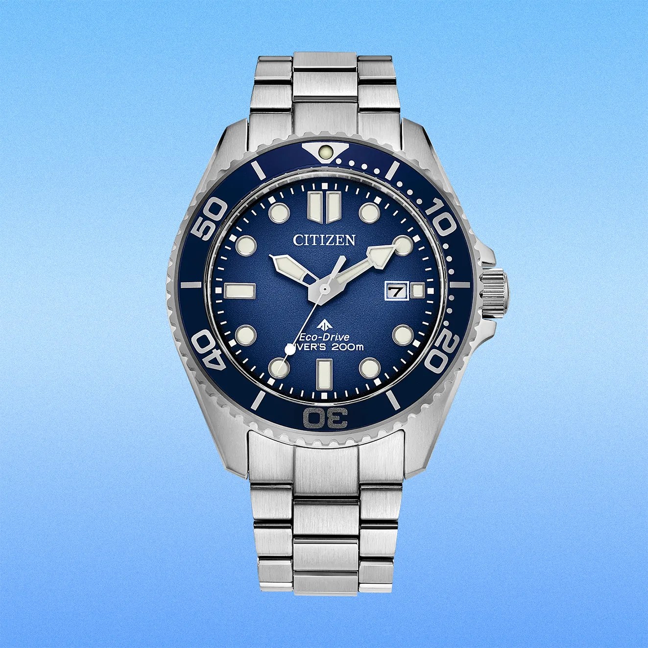 a steel and blue Citizen dive watch