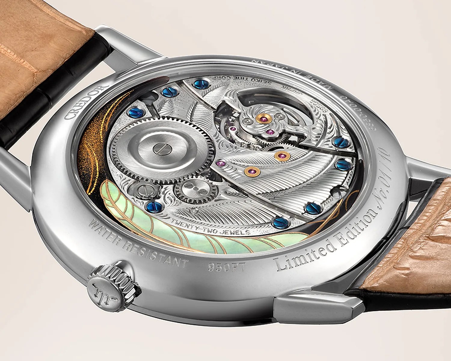 the mechanical movement of a credor watch seen through its caseback