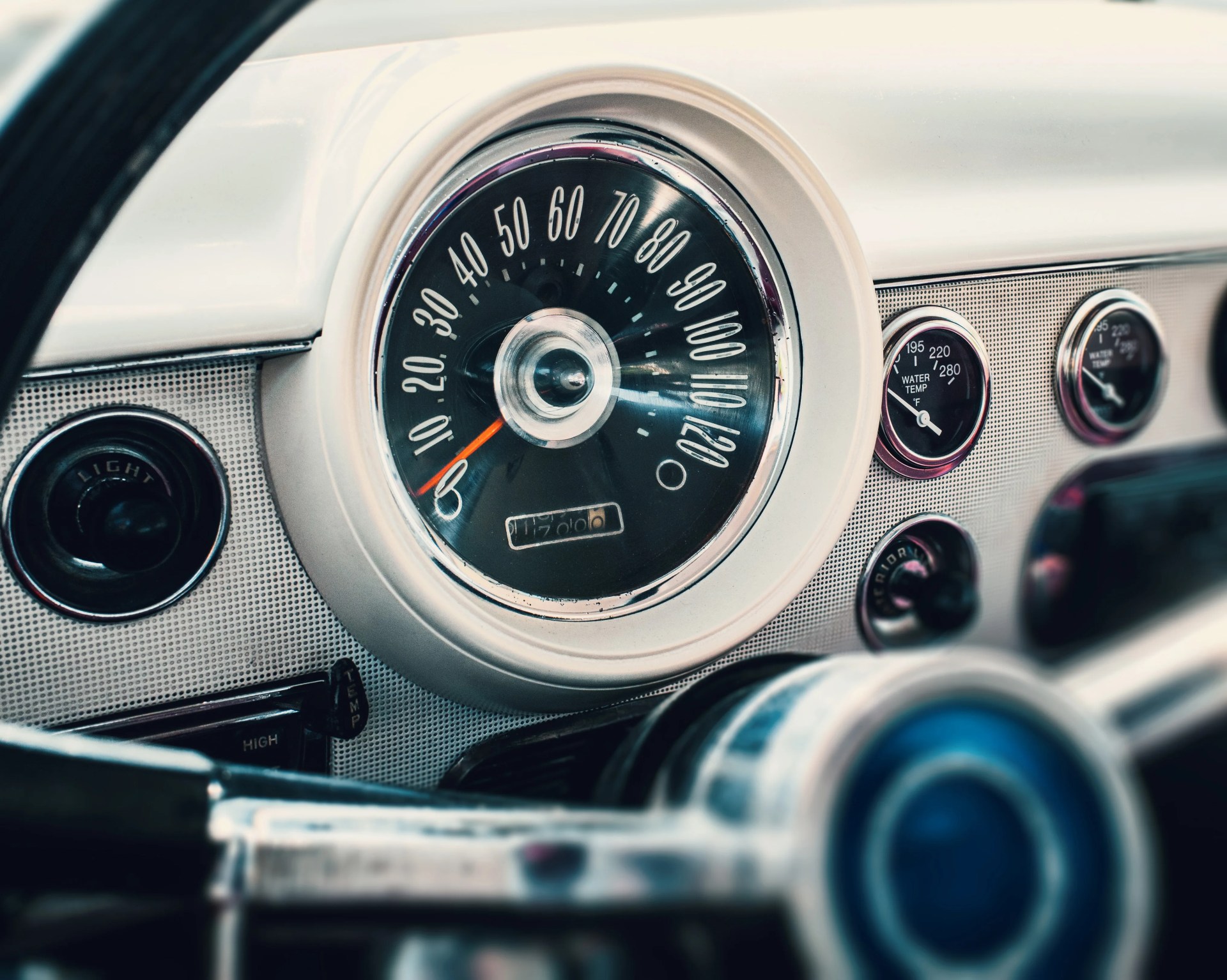 a photo of a mechanical speedometer gauge in a classic car