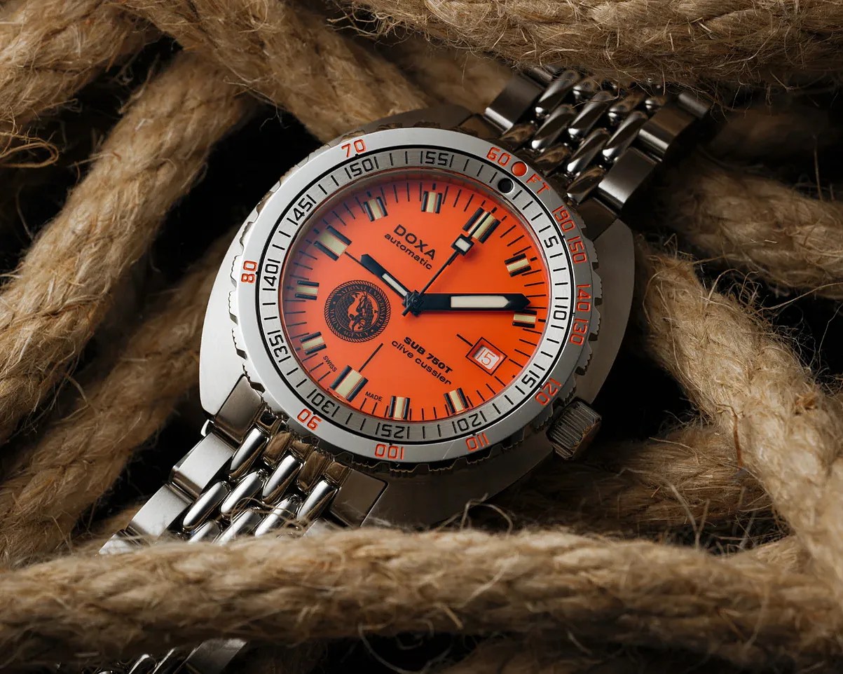a Doxa dive watch in some rope