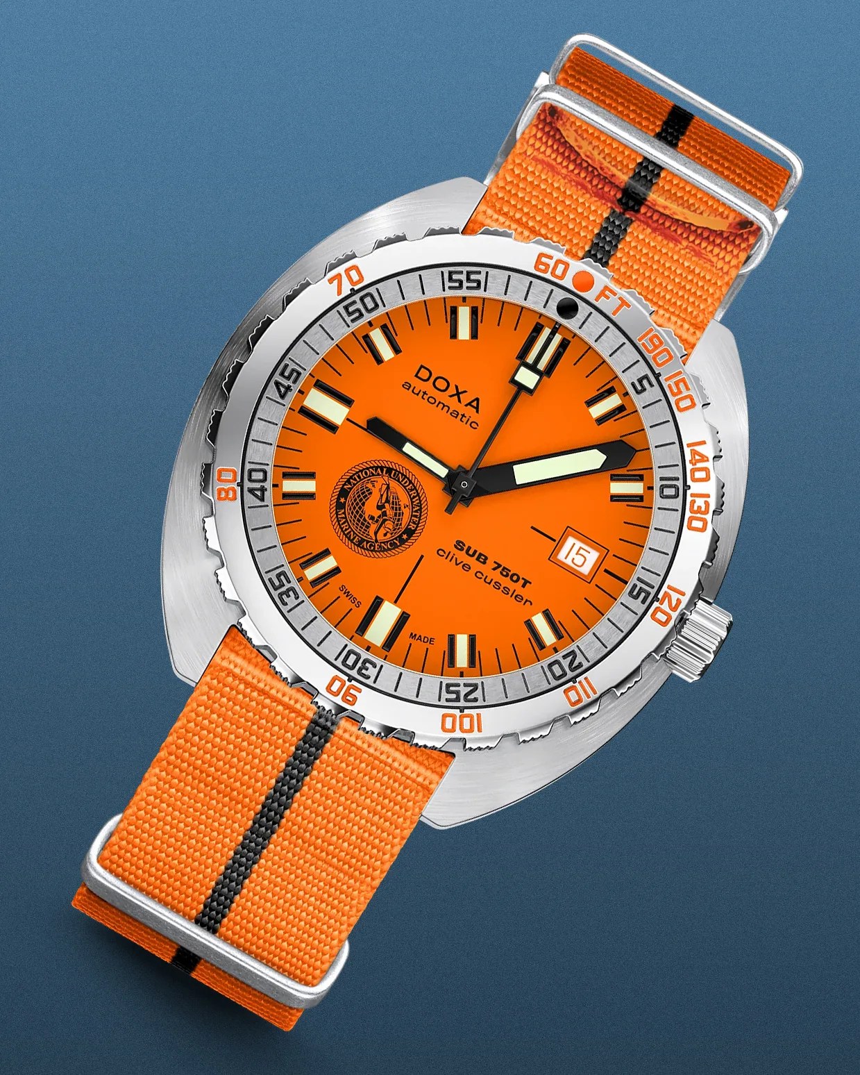 an orange Doxa dive watch