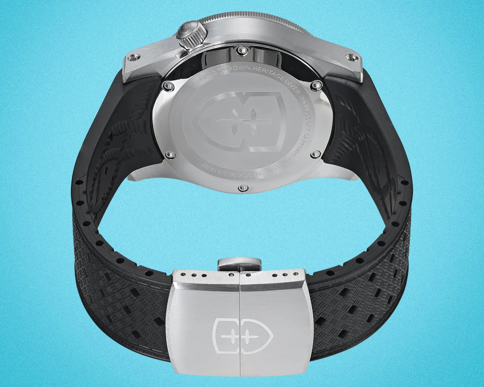 the back of a blue Elliot Brown dive watch