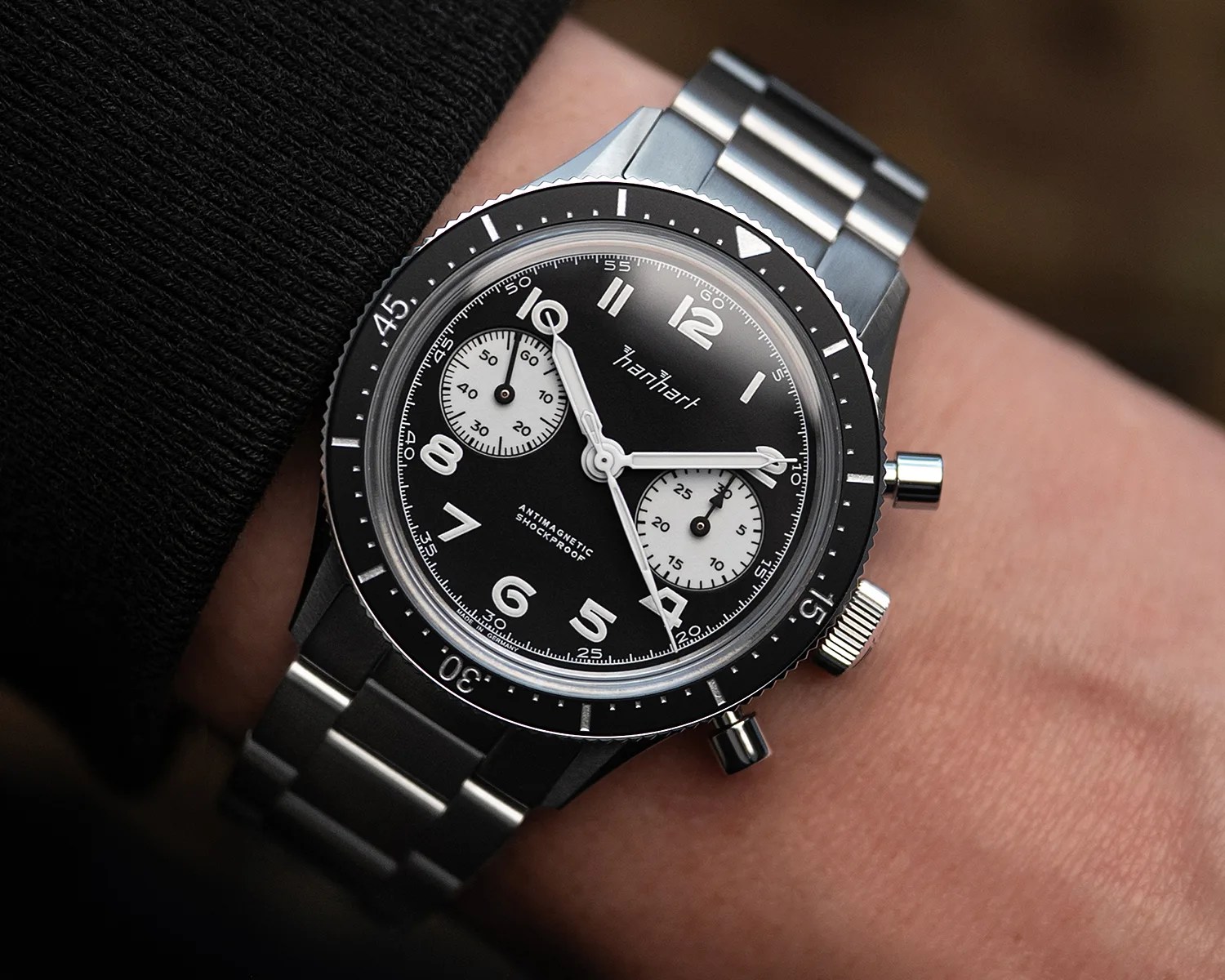 a Hanhart watch on a man's wrist