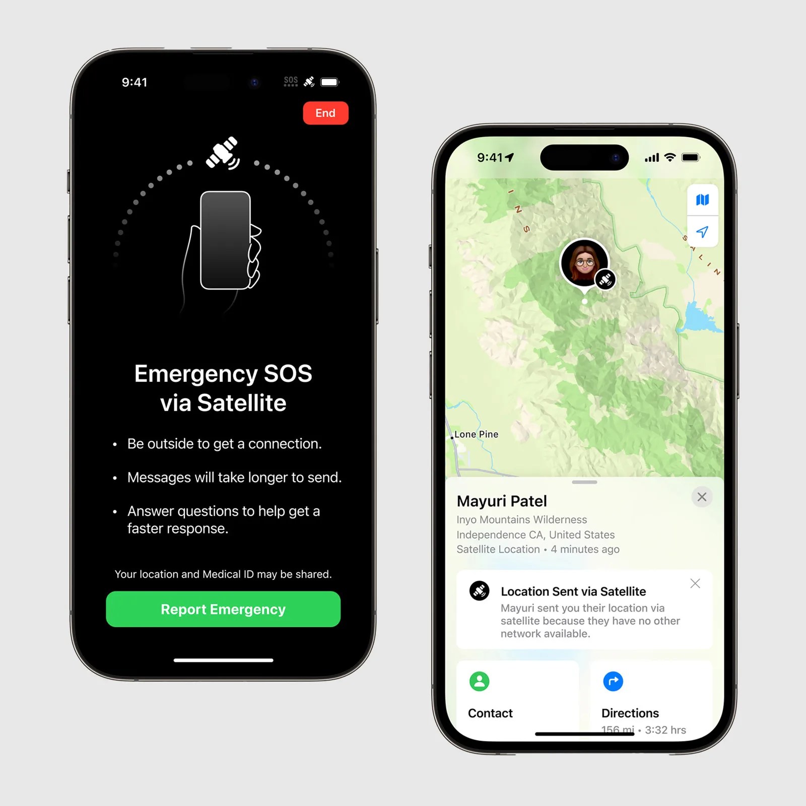 A pair of iPhone's showing screen shots of Apple's Emergency SOS via Satellite capabilities