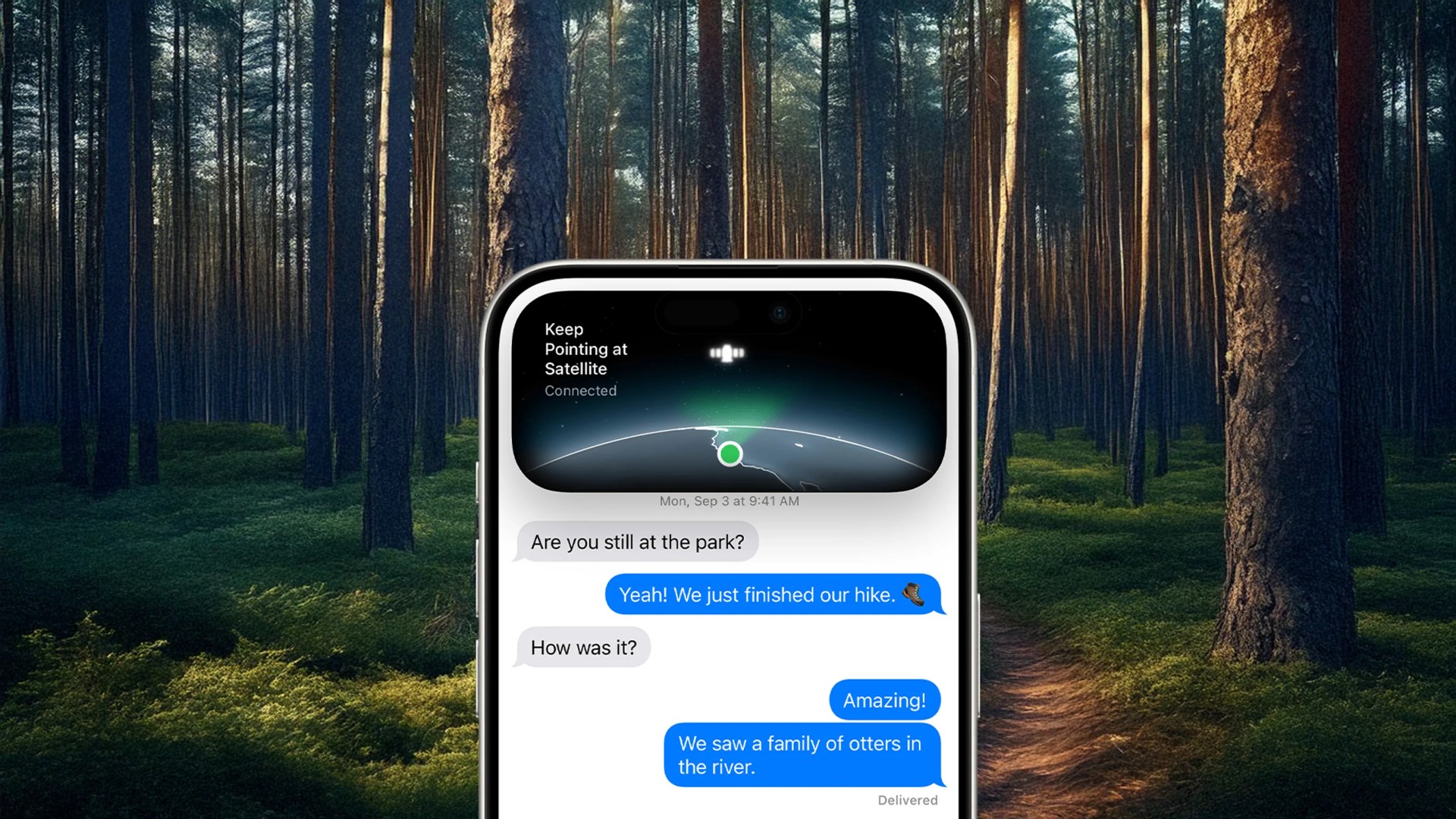 A photo illustration of an iPhone showing a connect via satellite prompt on the top of the screen in front of a photo realistic forest background