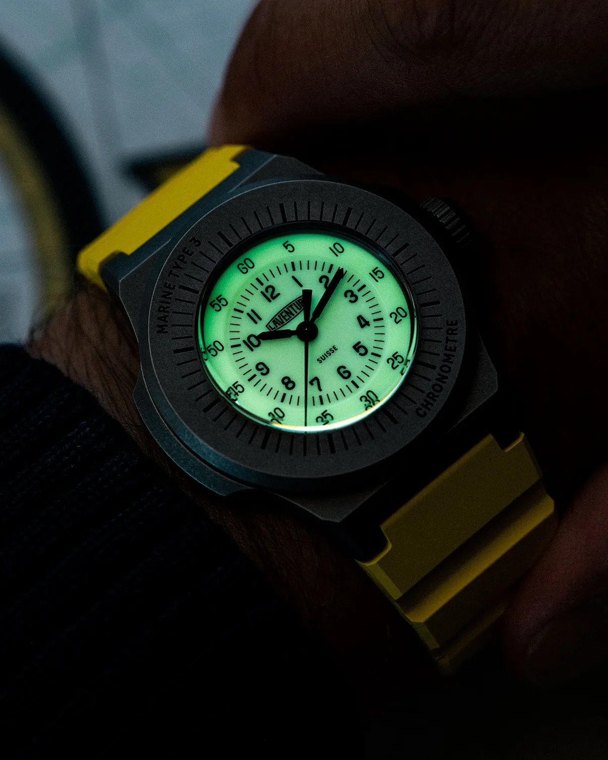 a Laventure watch in the dark