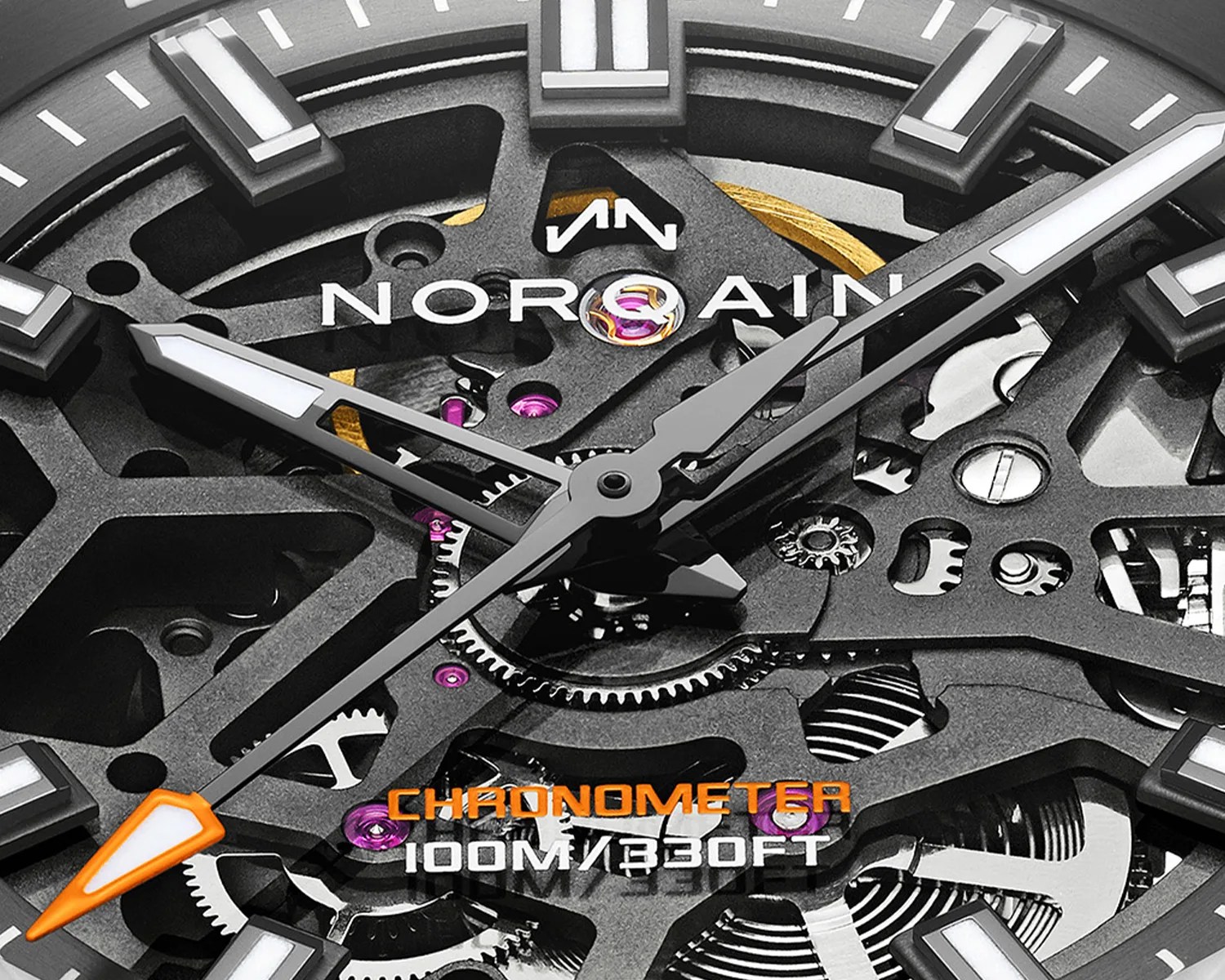 a closeup of a skeletonized norqain watch dial